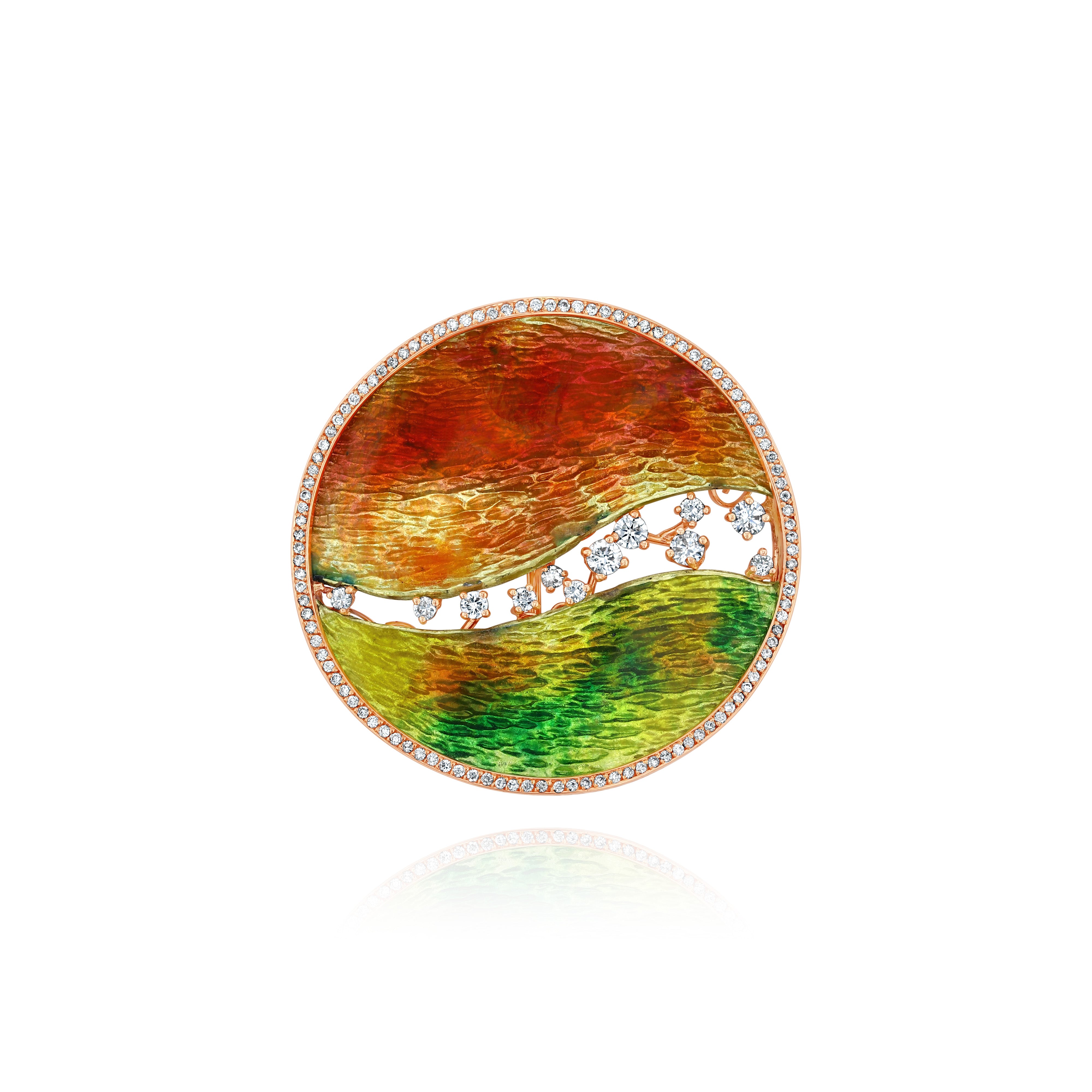 Round Rose Gold Brooch with Red, Orange, Yellow, and Green Cloisonne, and small Diamonds, Medium