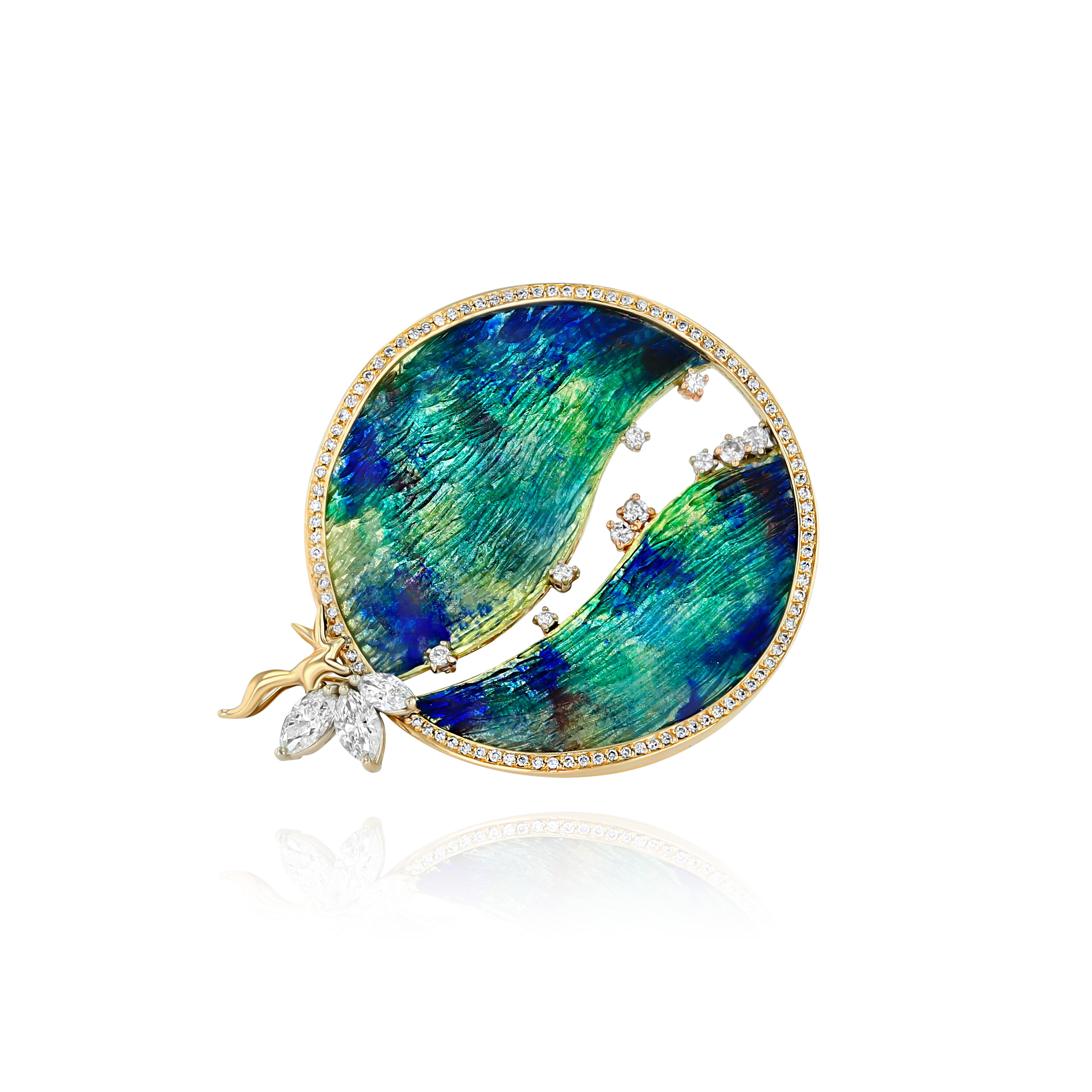 Round Yellow Gold Brooch with Green and Blue Cloisonne, a small fox, and round Diamonds, Medium