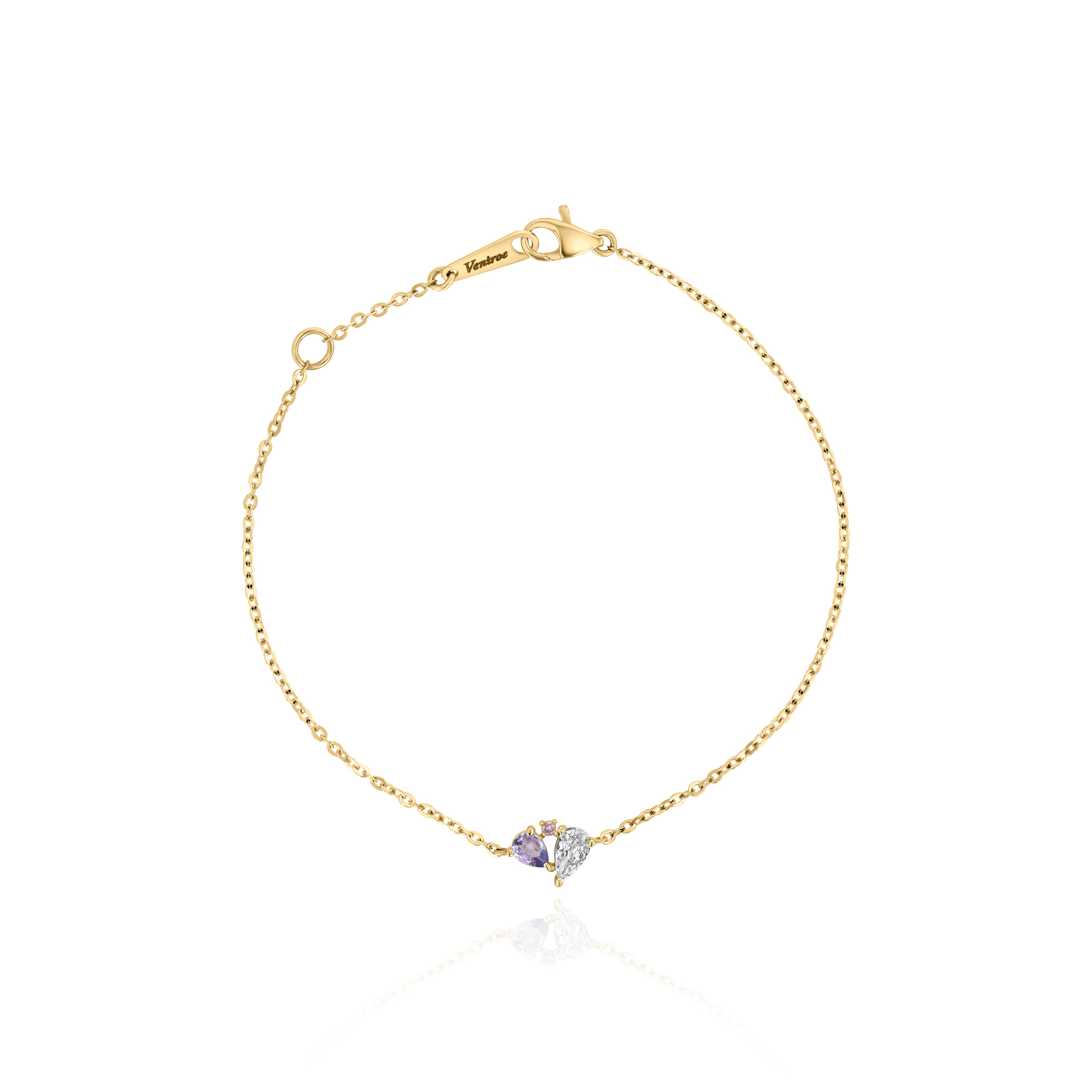 Yellow Gold Bracelet with pear shaped White Sapphire and Tanzanite, and a round Diamond, Small