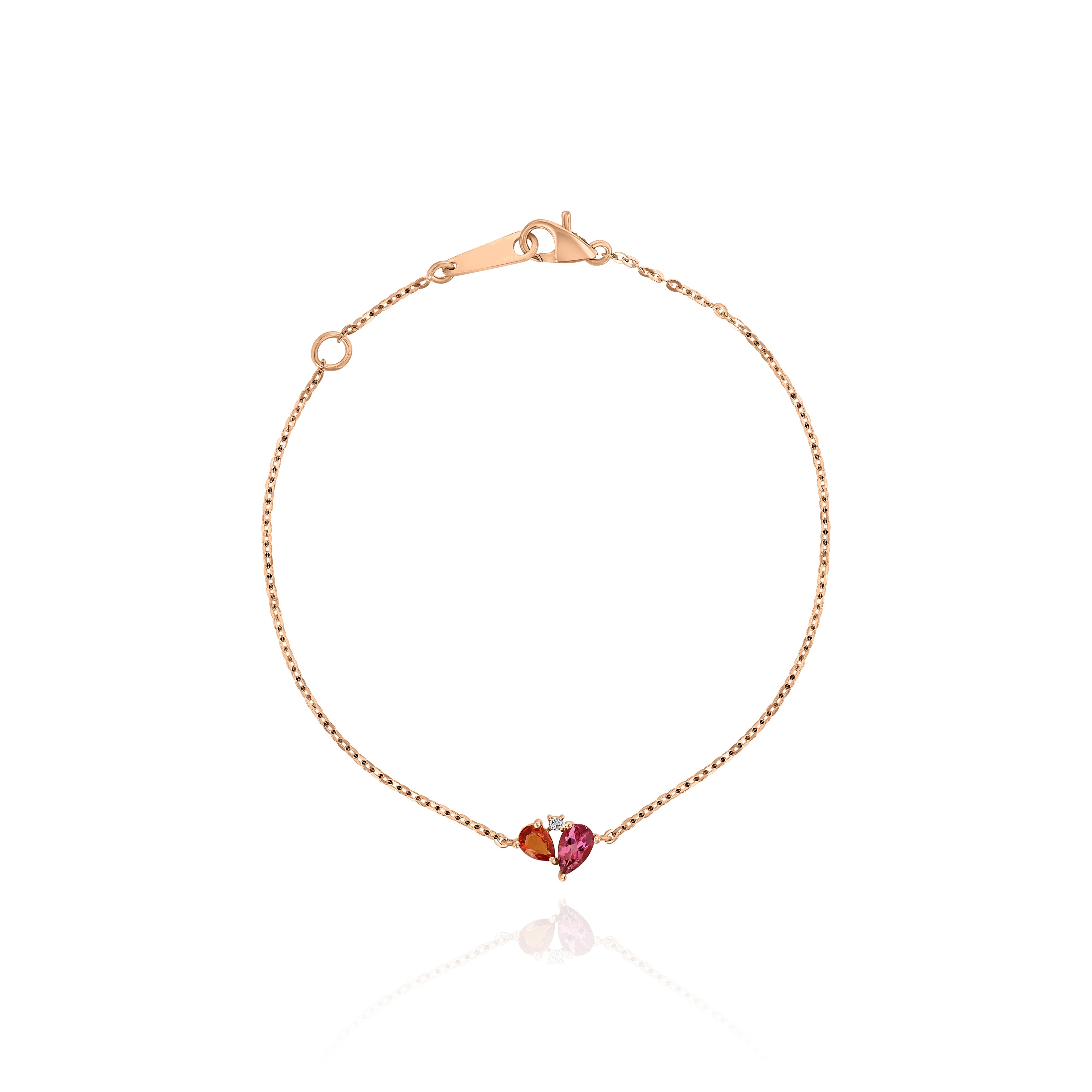 Rose Gold Bracelet with pear shaped Pink Tourmaline and Orange Sapphire, and a round Diamond, Small