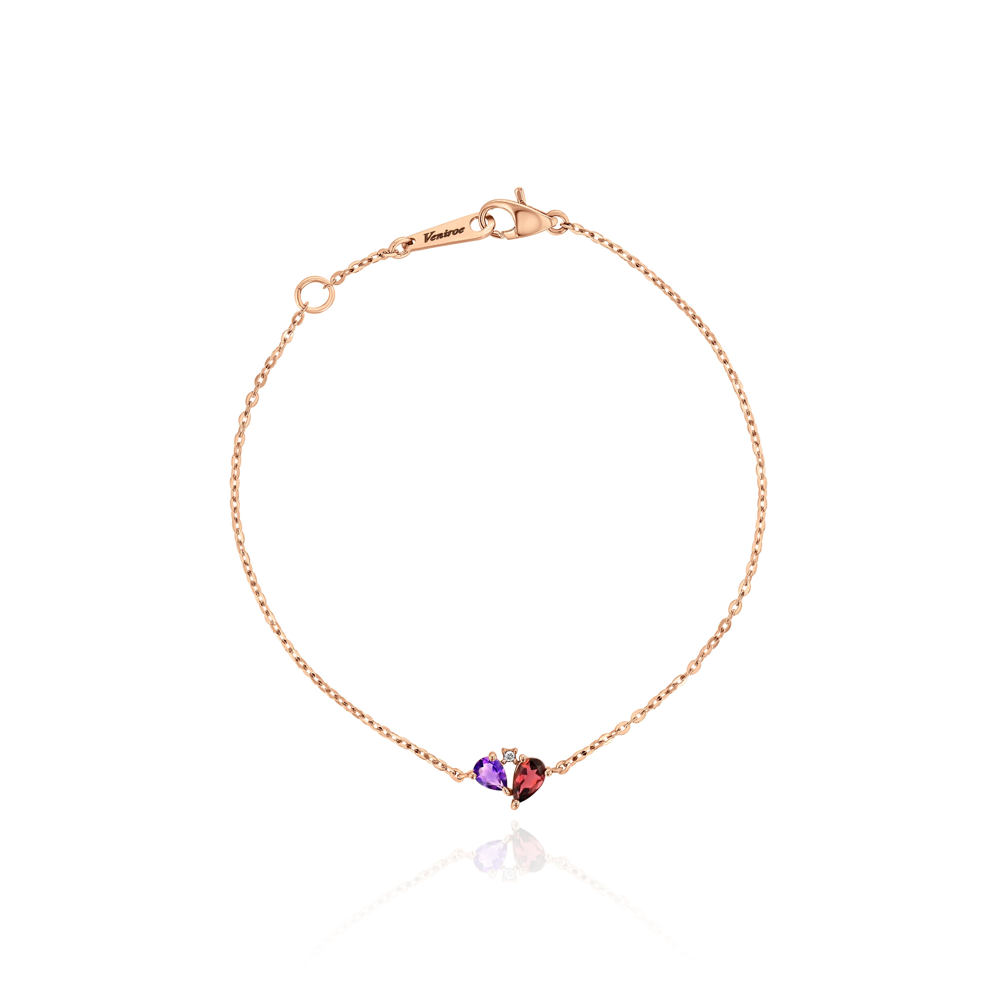 Rose Gold Bracelet with pear shaped Rubellite and Amethyst, and a round Diamond, Small