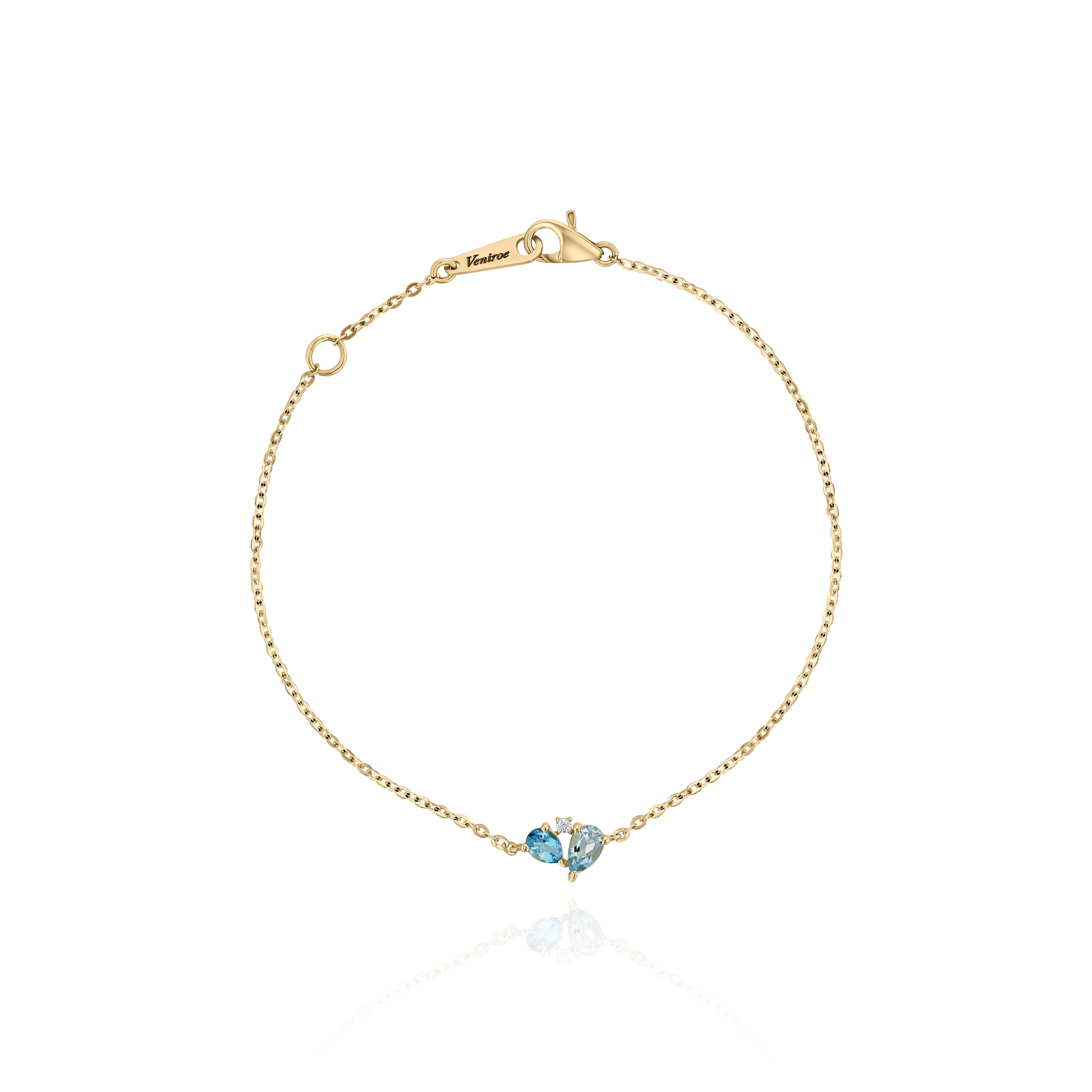 Yellow Gold Bracelet with pear shaped Aquamarine and Topaz, and a round Diamond, Small