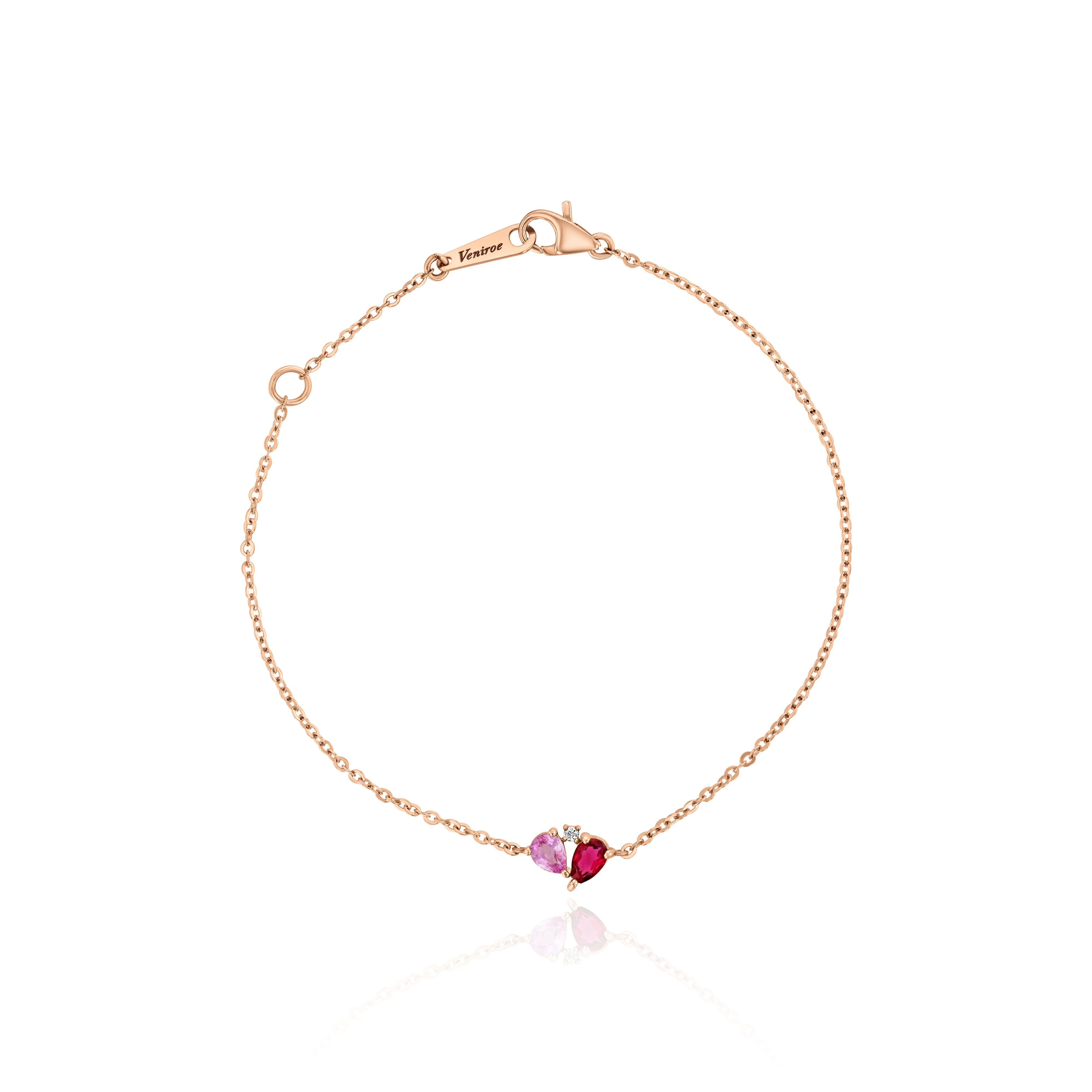 Rose Gold Bracelet with pear shaped Pink Sapphire and Rubellite, and a round Diamond, Small