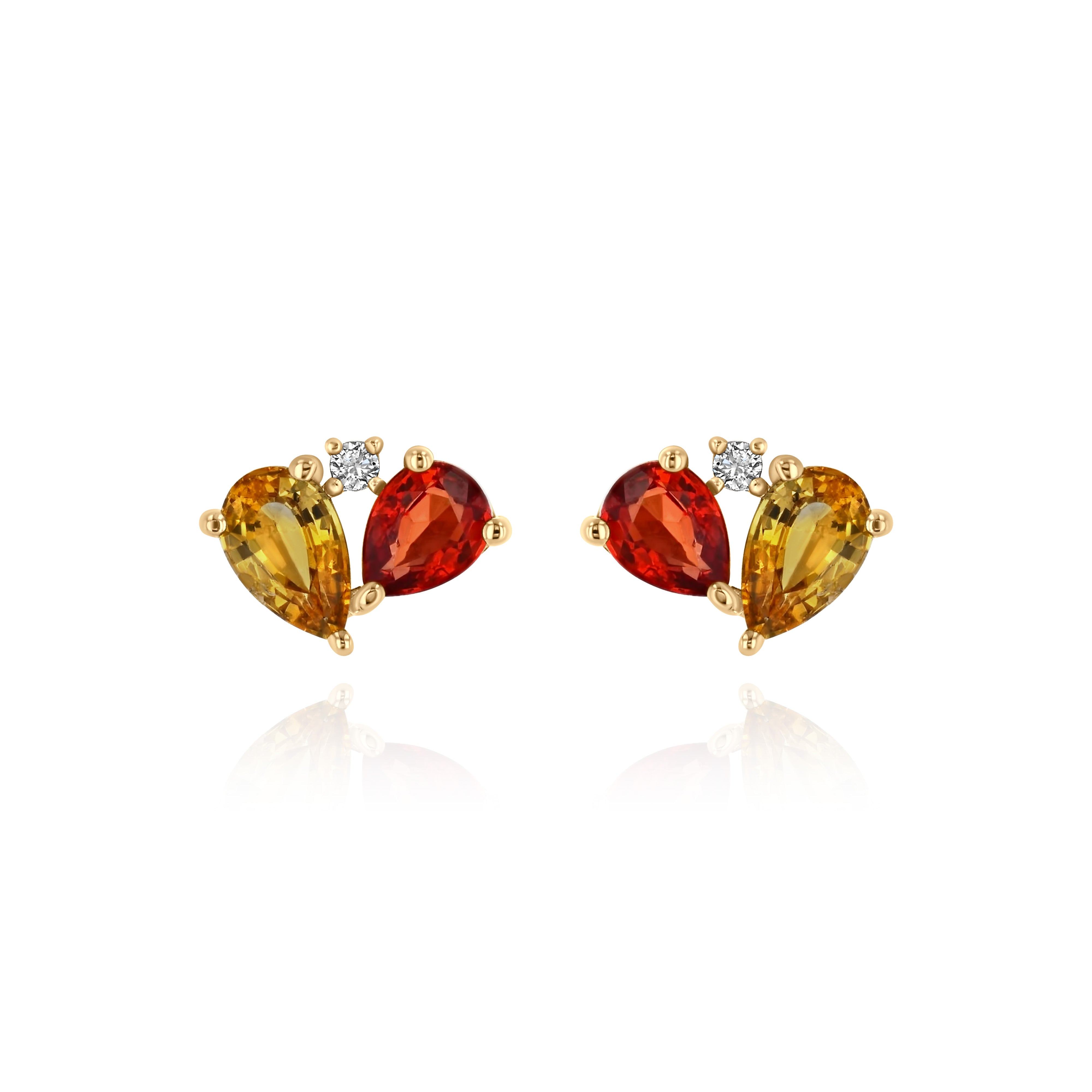 Yellow Gold Earrings with pear shaped Orange and Yellow Sapphire, and a small round Diamond, Small