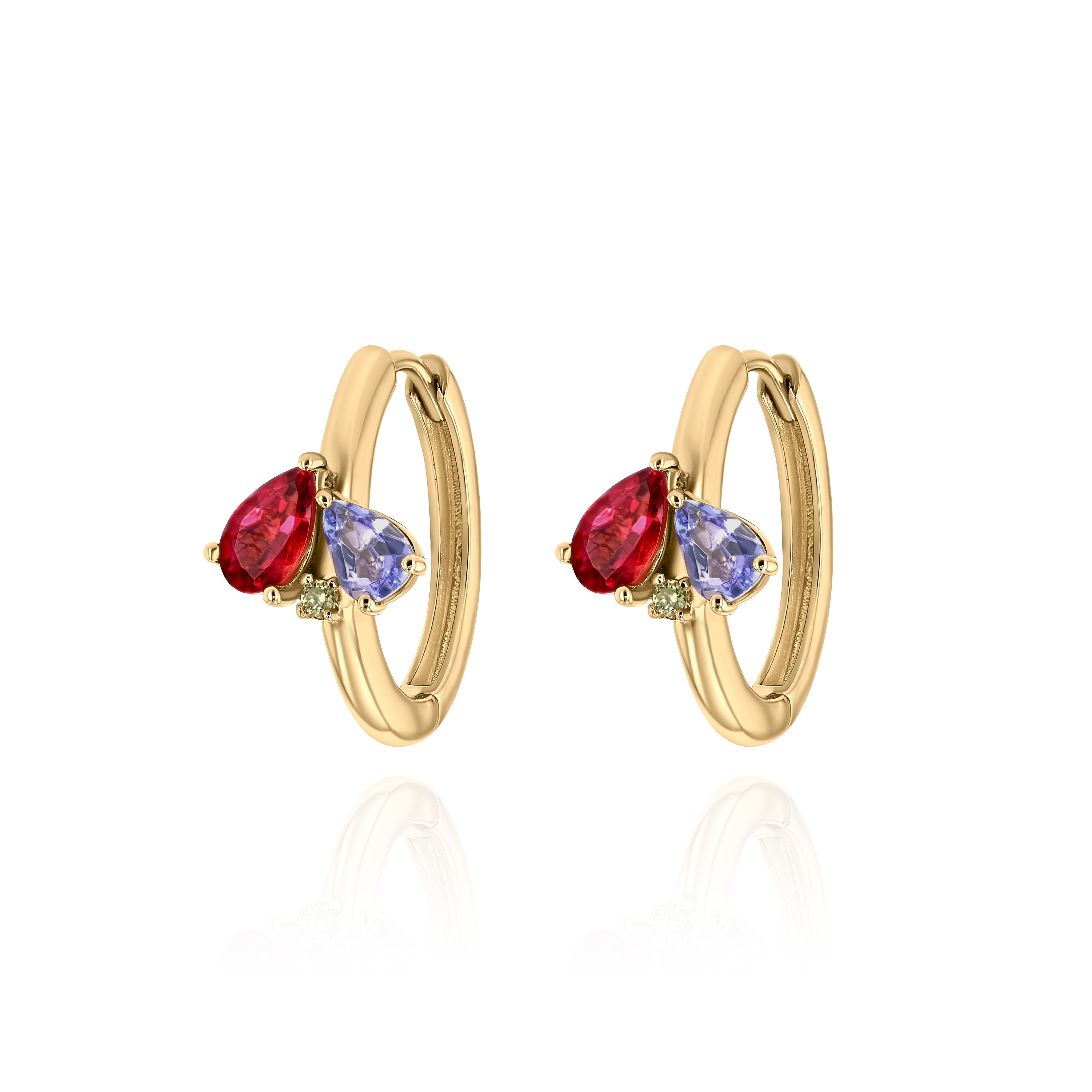 Yellow Gold hoop Earrings with Tanzanite and Pink Tourmaline, and a small round Diamond, Medium