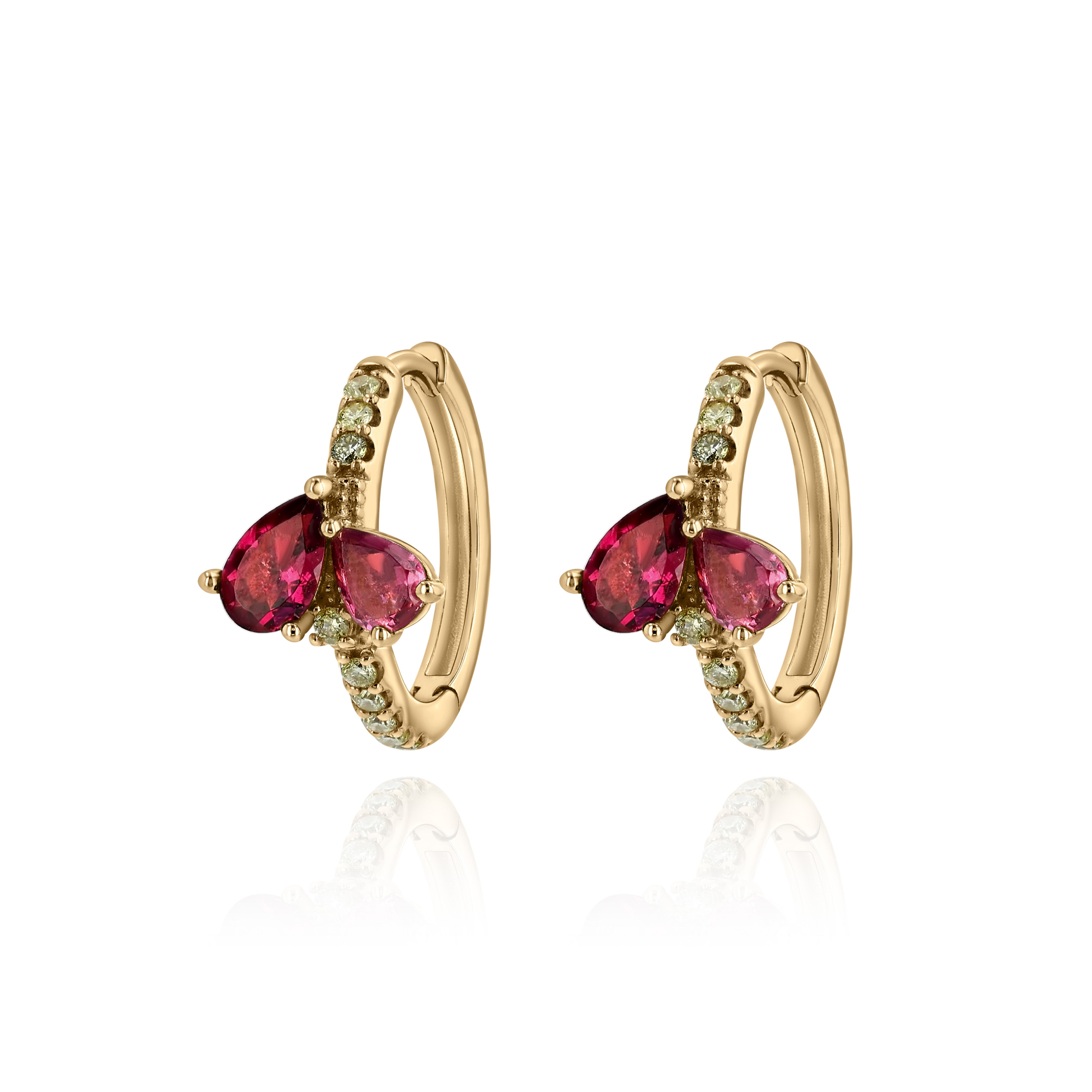 Yellow Gold hoop Earrings with pear shaped Rubellite, and small round Diamonds, Medium