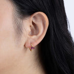 Yellow Gold hoop Earrings with pear shaped Rubellite, and small round Diamonds, Medium - Model shot