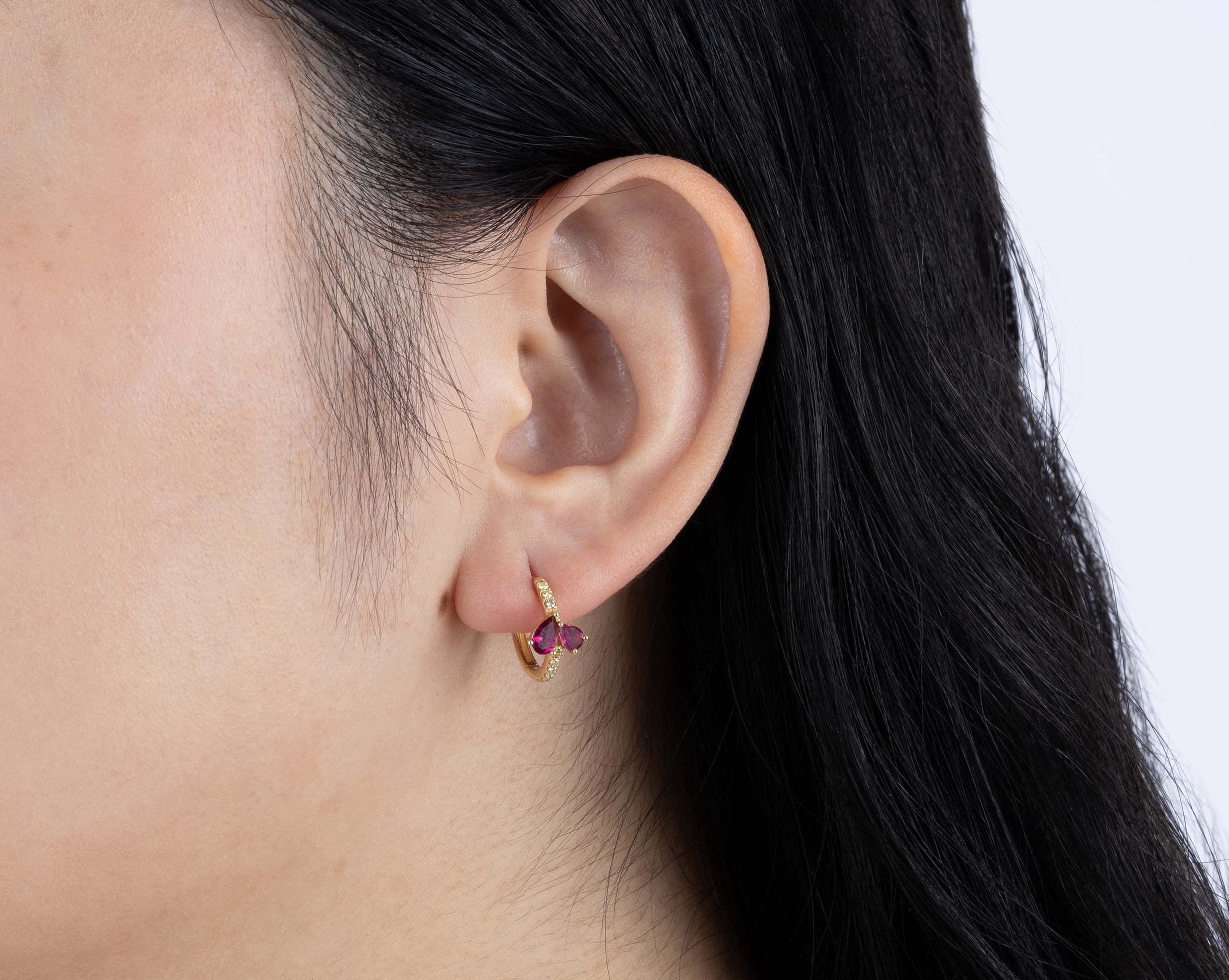 Yellow Gold hoop Earrings with pear shaped Rubellite, and small round Diamonds, Medium - Model shot