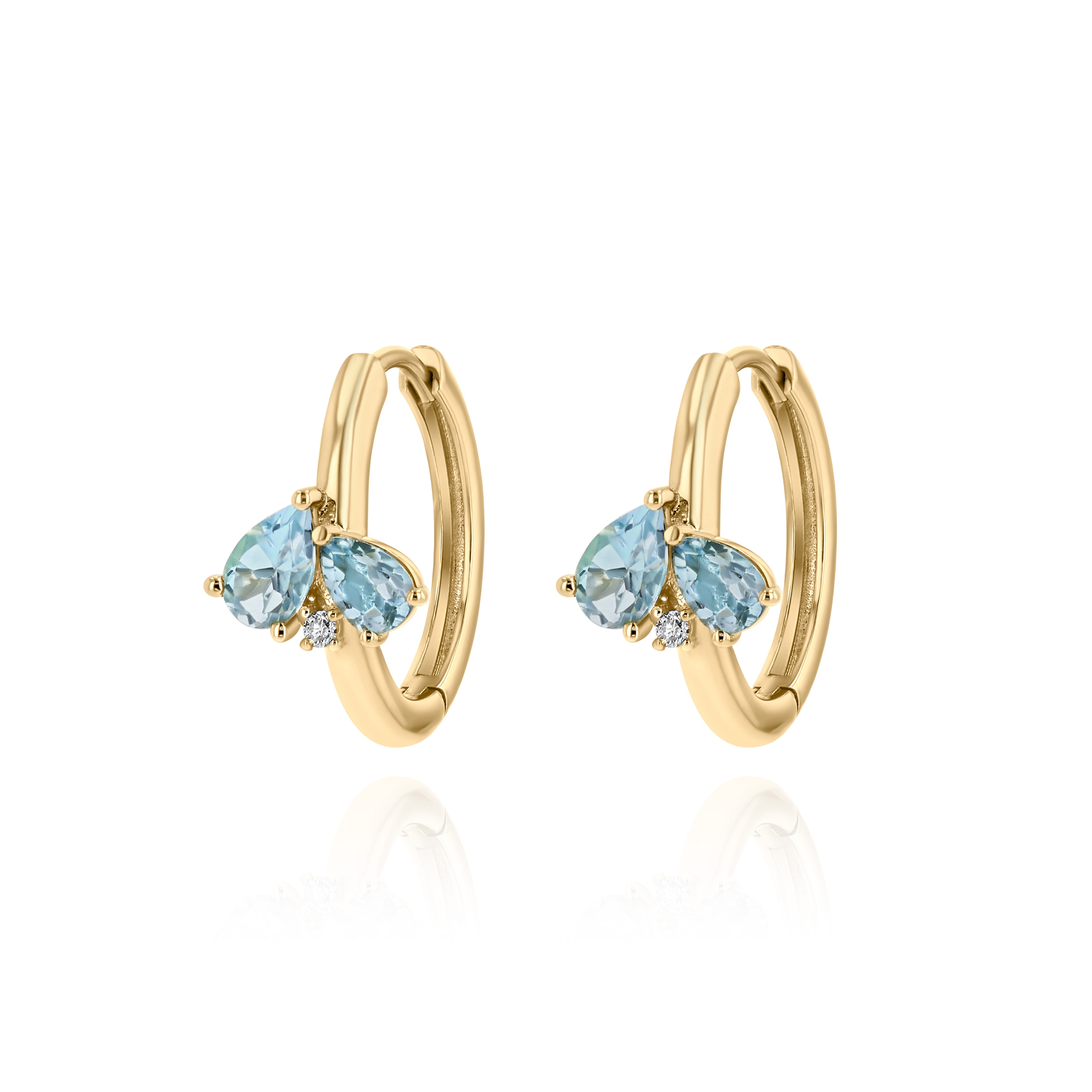 Yellow Gold hoop Earrings with pear shaped Topaz, and a small round Diamond, Medium