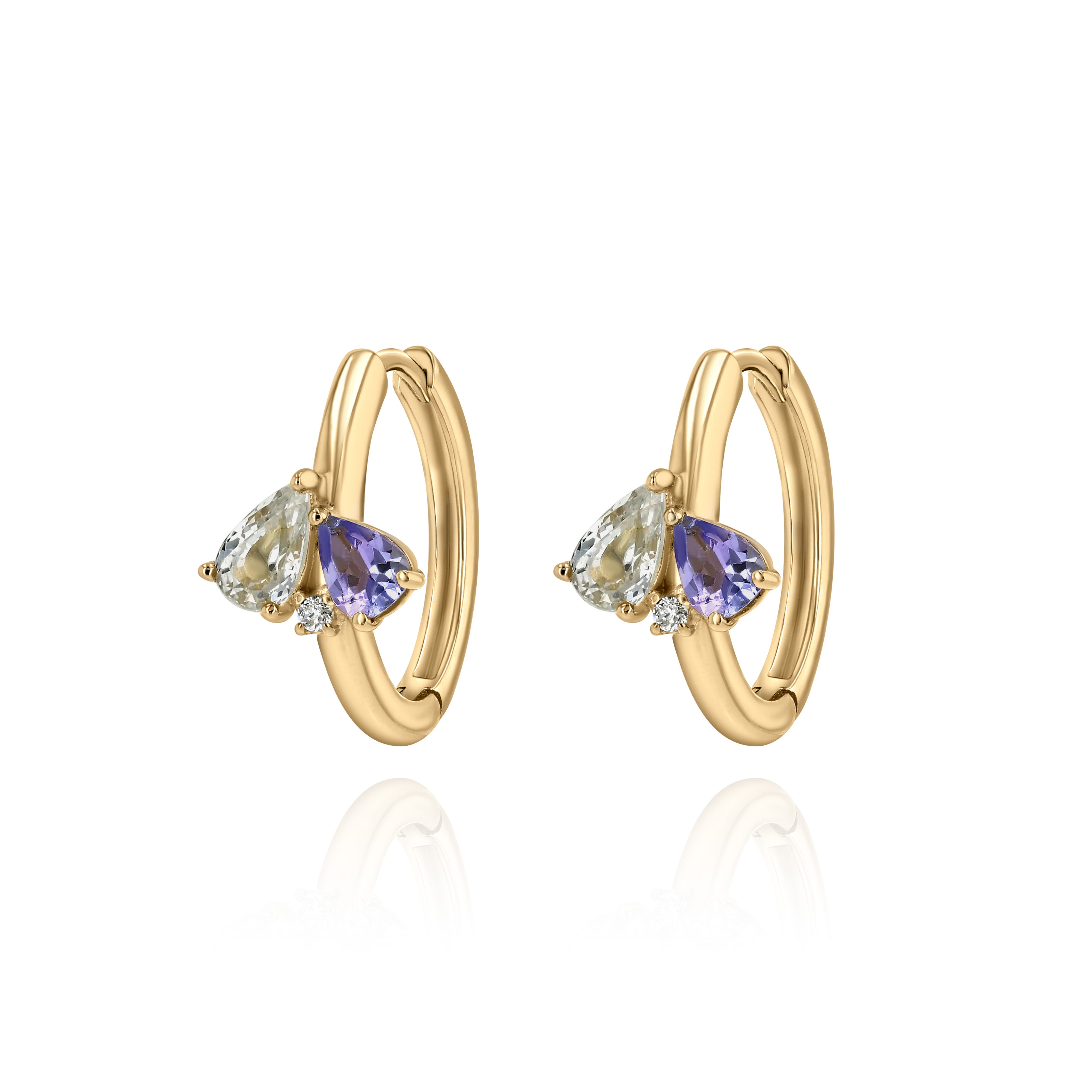 Yellow Gold hoop Earrings with Tanzanite and White Sapphire, and a small round Diamond, Medium
