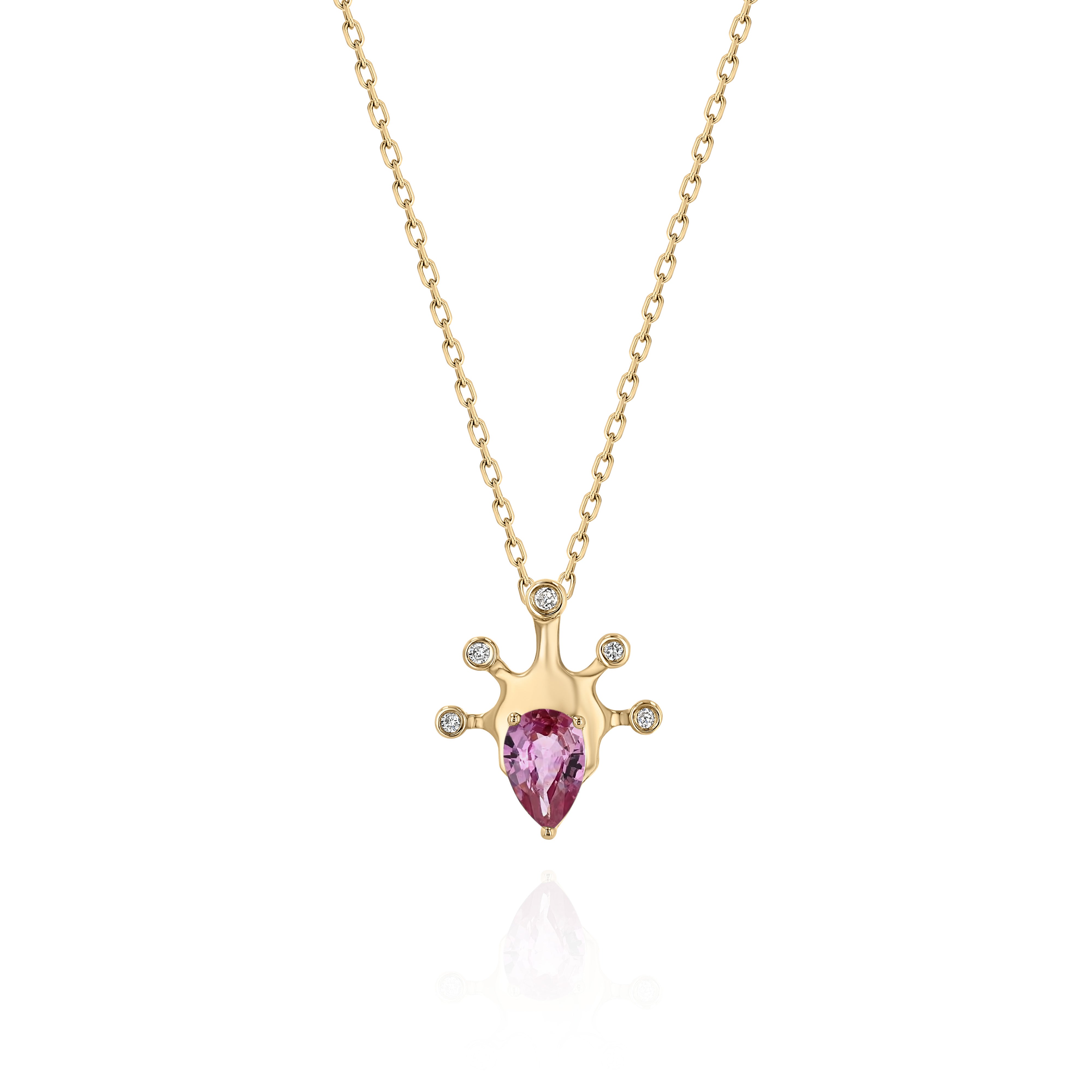Yellow Gold Necklace with a pear shaped Pink Sapphire and small round Diamonds, Small