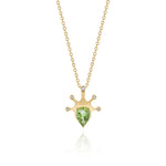 Yellow Gold Necklace with a pear shaped Peridot and small round Diamonds, Small