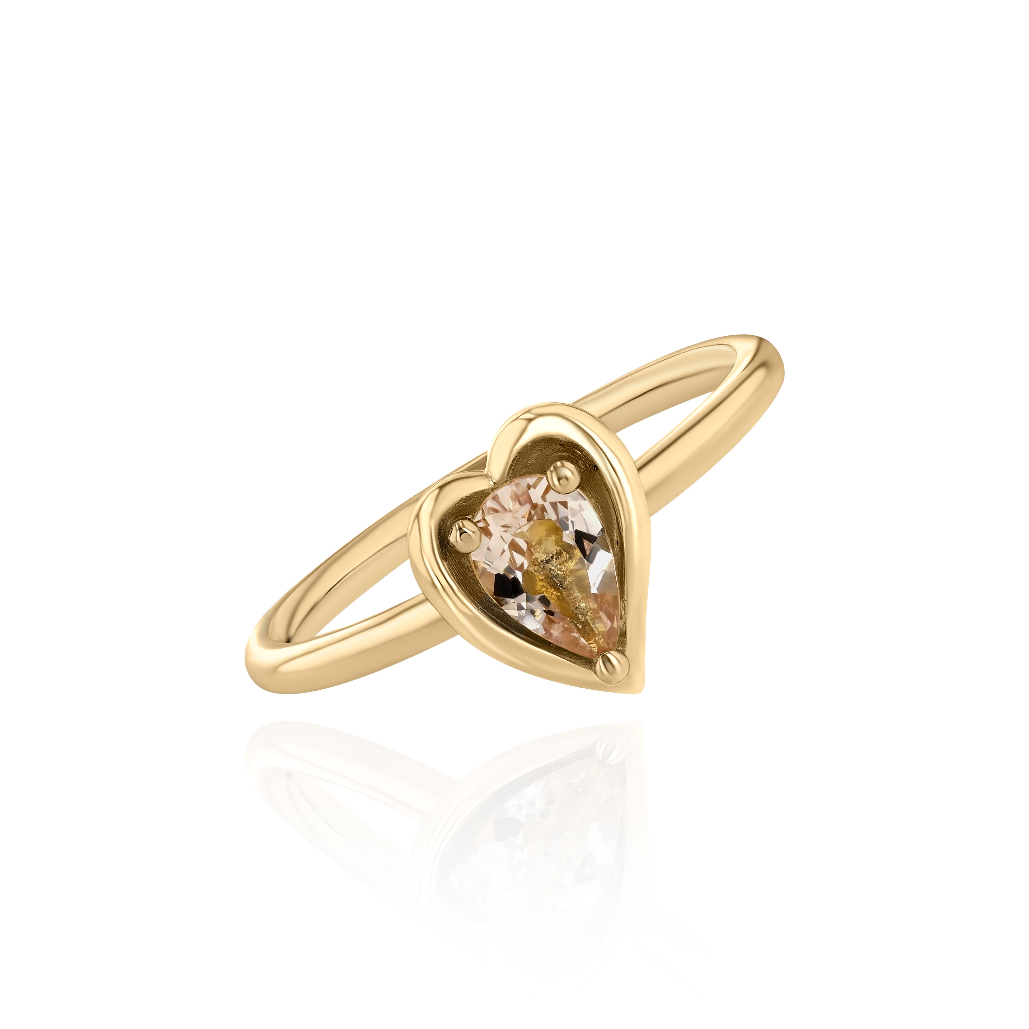 Yellow Gold heart shaped ring with a pear shaped Morganite, Small