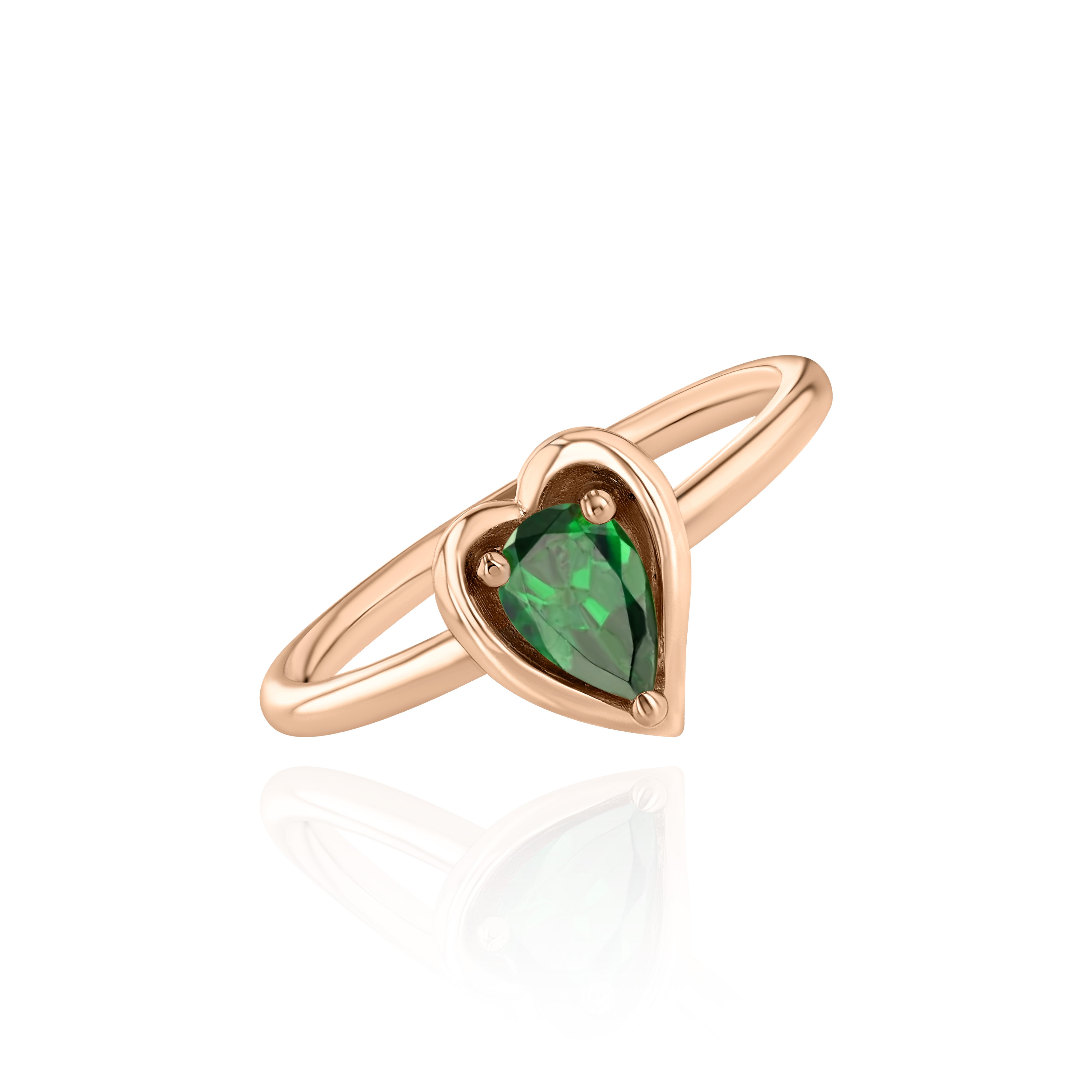 Rose Gold heart shaped ring with a pear shaped Tsavorite, Small