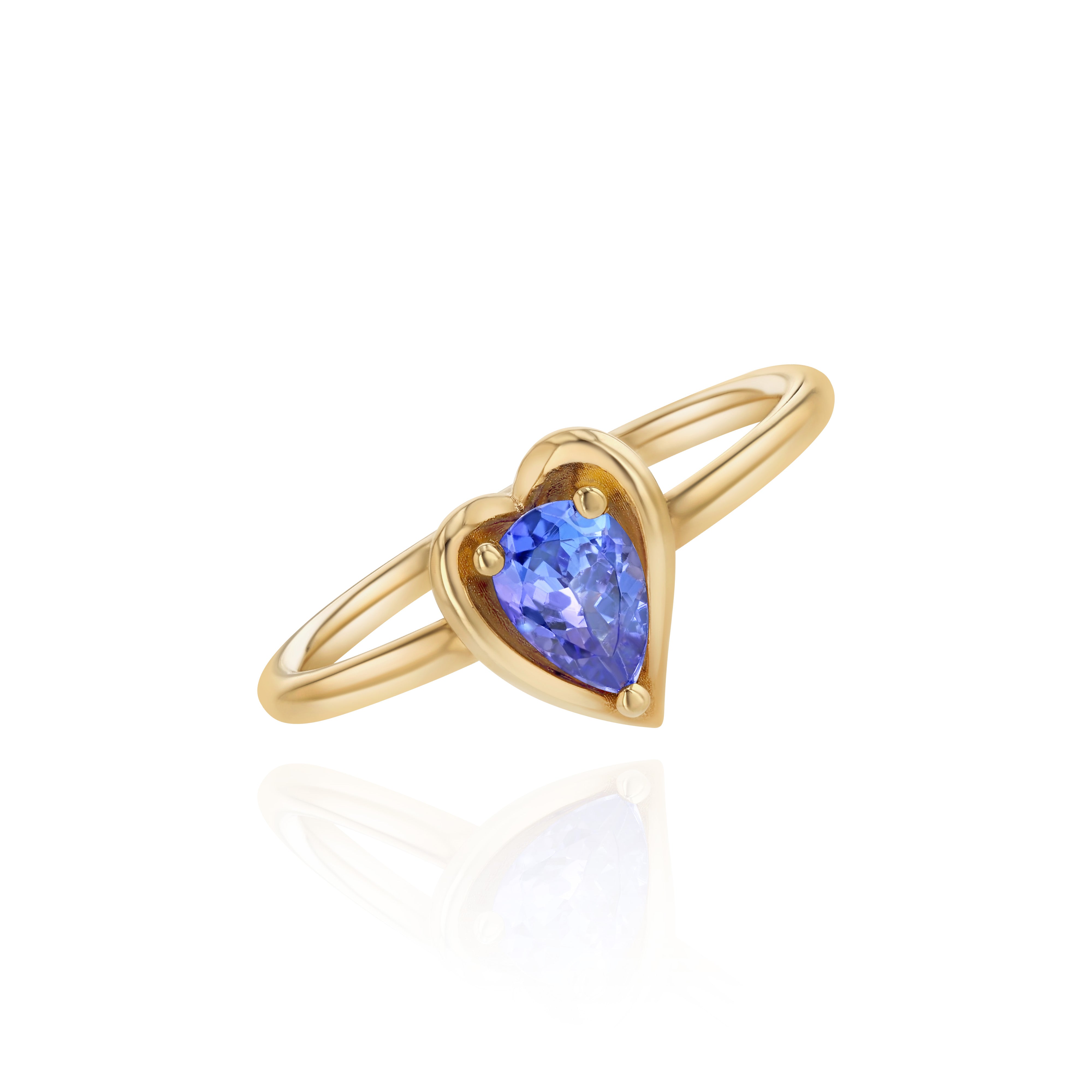 Yellow Gold heart shaped ring with a pear shaped Tanzanite, Small