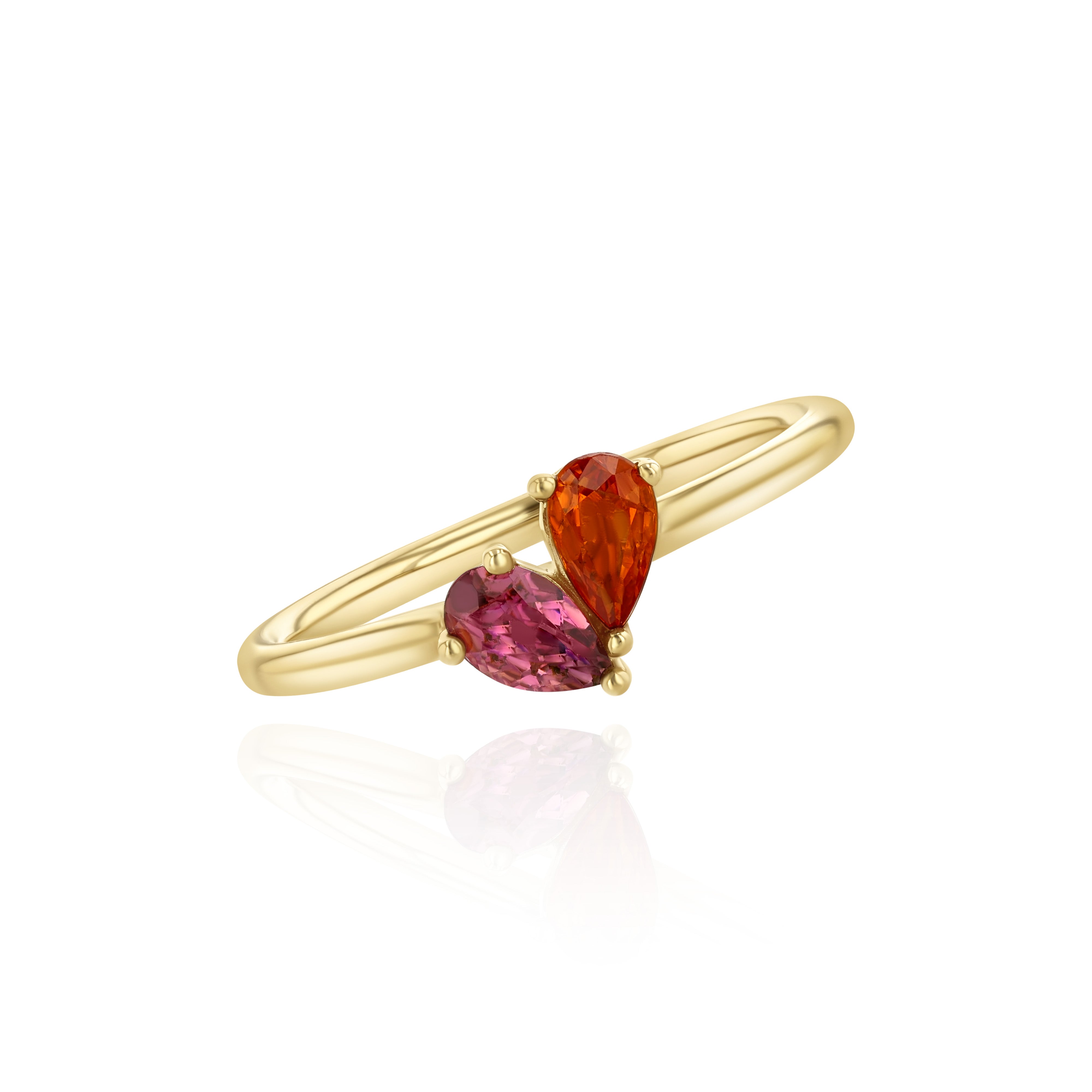 Yellow Gold ring with pear shaped Pink Sapphire and Orange Sapphire, Small