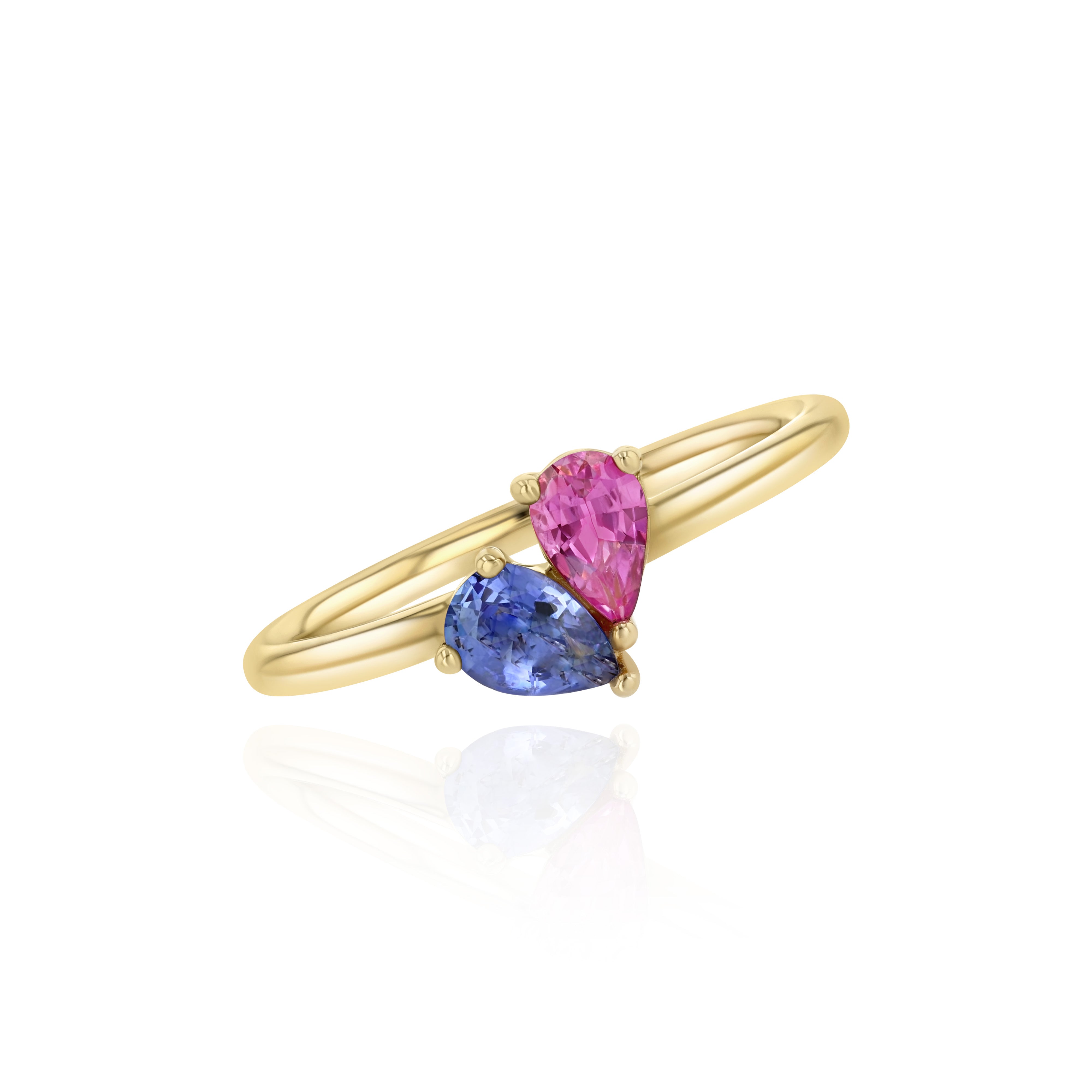 Yellow Gold ring with pear shaped Pink Sapphire and Tanzanite, Small
