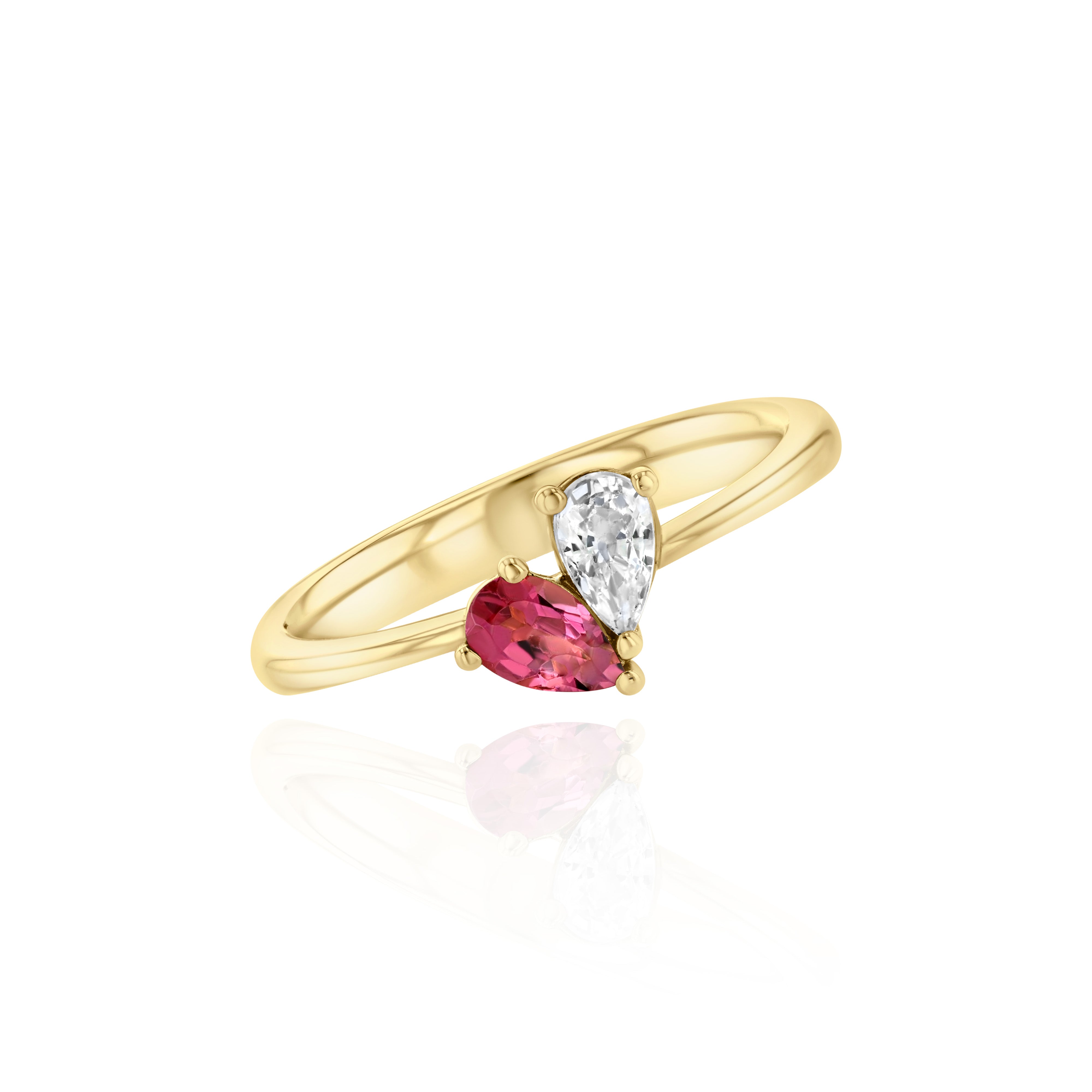 Yellow Gold ring with pear shaped Pink Sapphire and White Sapphire, Small