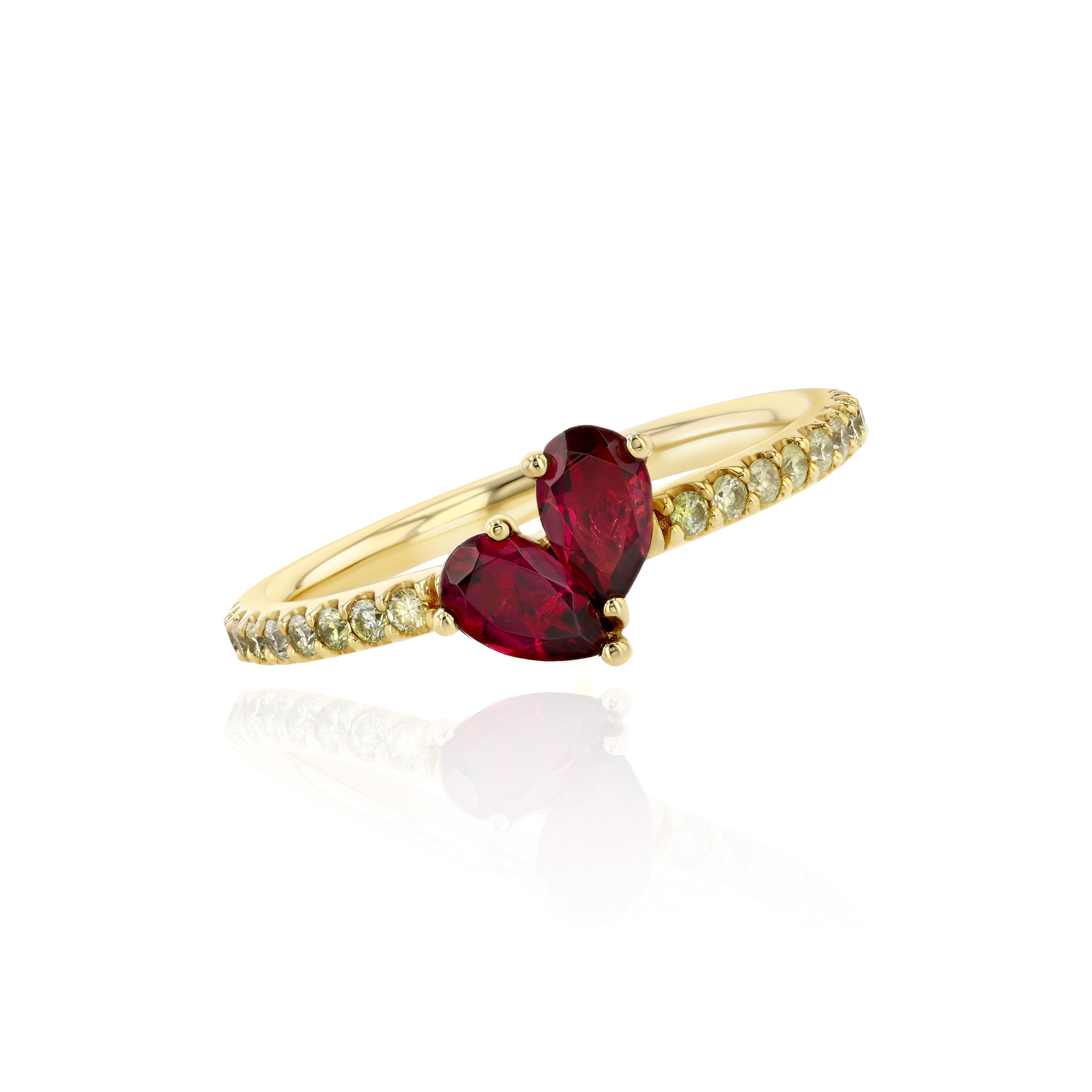 Yellow Gold, Diamond encrusted ring with pear shaped Rubellite, Small