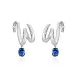 White Gold ribbon shaped Earrings with an oval shaped Blue Sapphire, Large