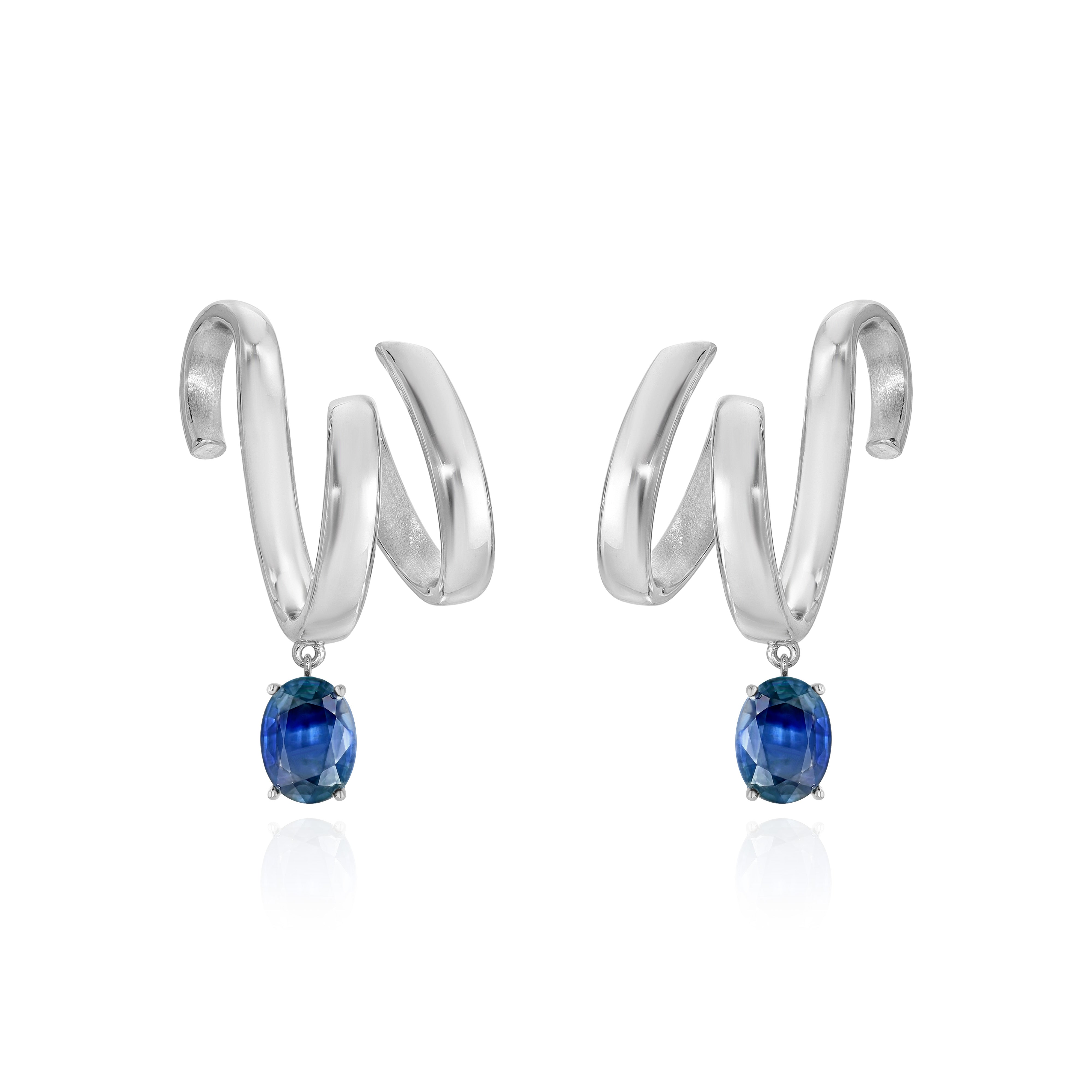 White Gold ribbon shaped Earrings with an oval shaped Blue Sapphire, Large