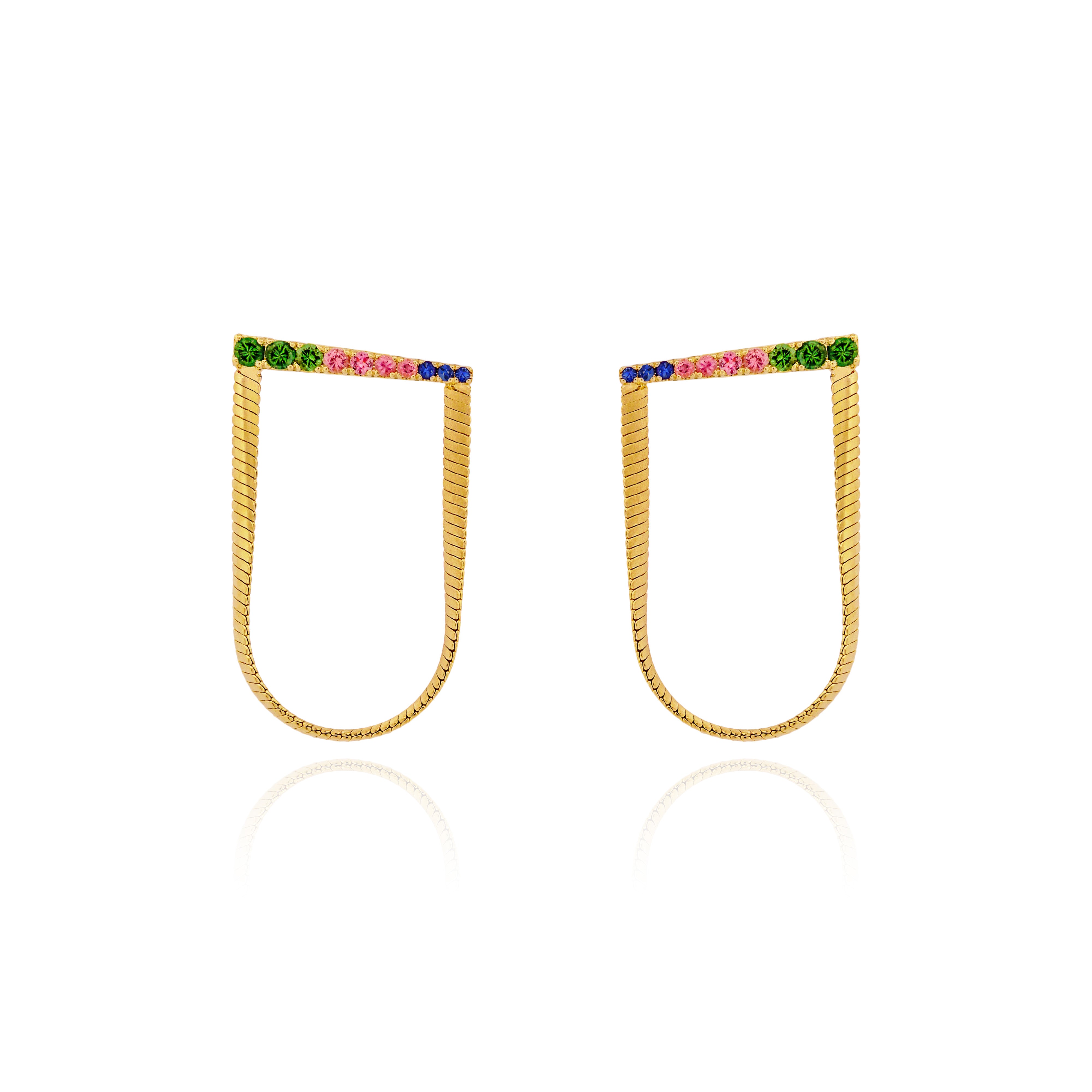 Earrings with Yellow Gold snake chain draped from rod of Emeralds and Pink and Blue Sapphires, Large