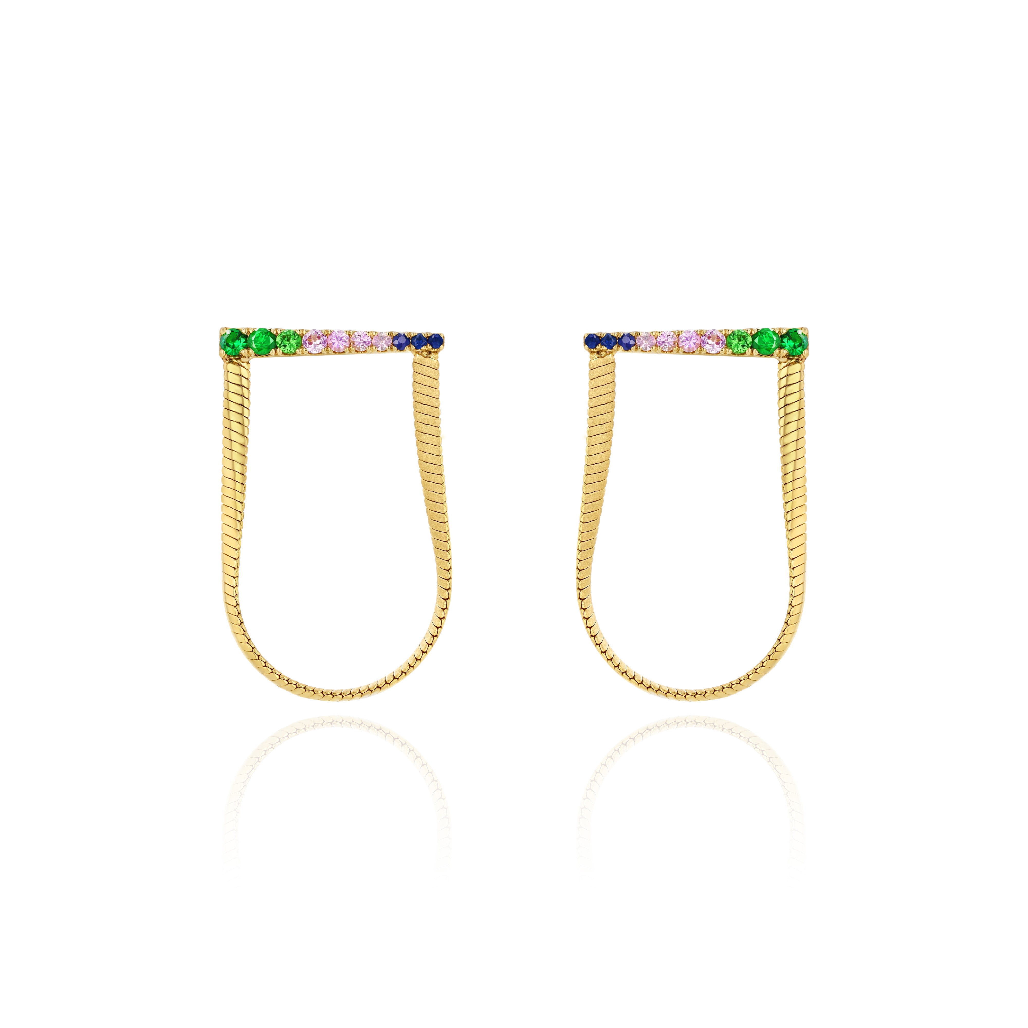 Earrings with Yellow Gold snake chain draped from rod of Emeralds and Pink and Blue Sapphires, Large