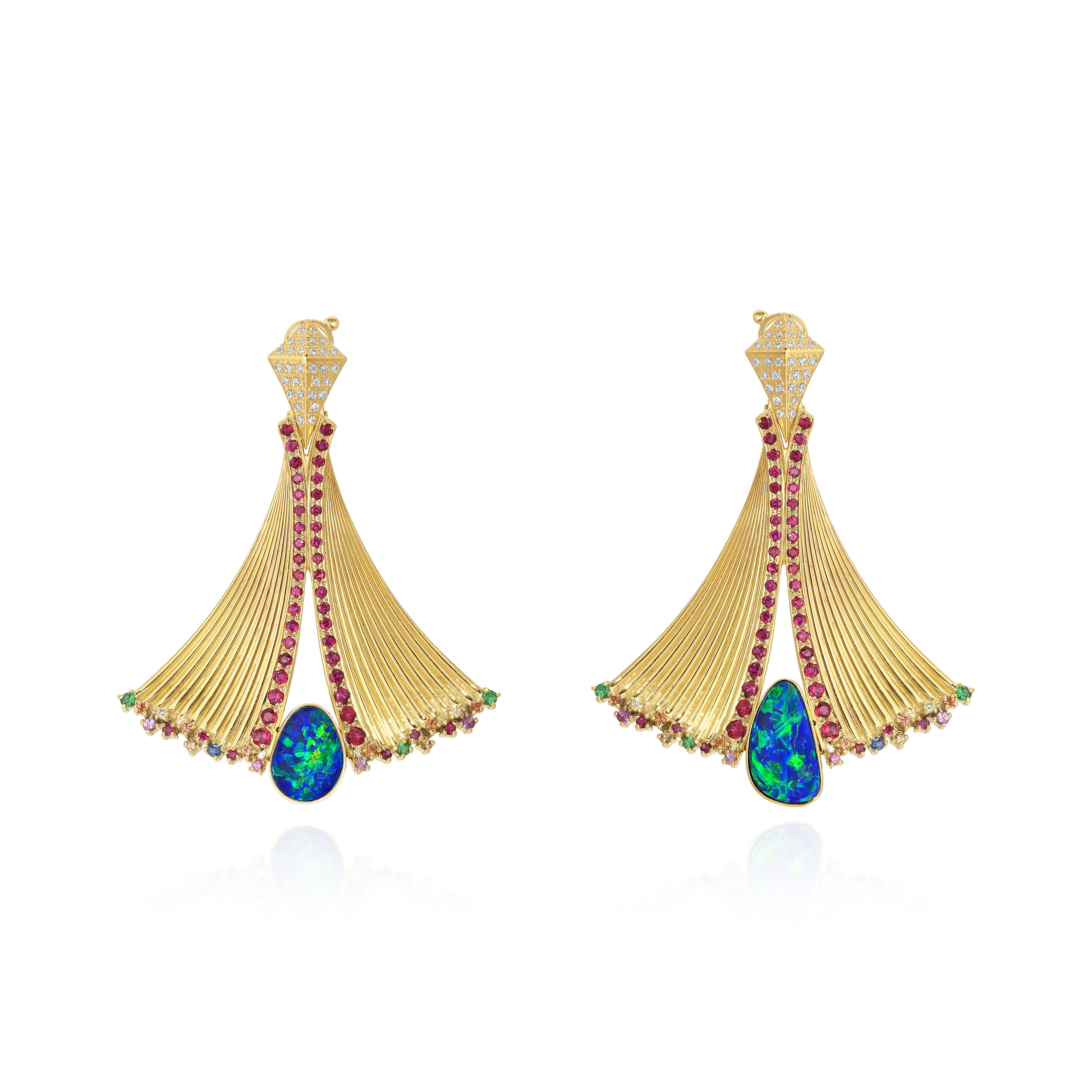 Yellow Gold Earrings with a Black Opal, Diamonds, and Colored Sapphires, Large