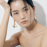 Yellow Gold Earrings with a Black Opal, Diamonds, and Colored Sapphires - Model shot