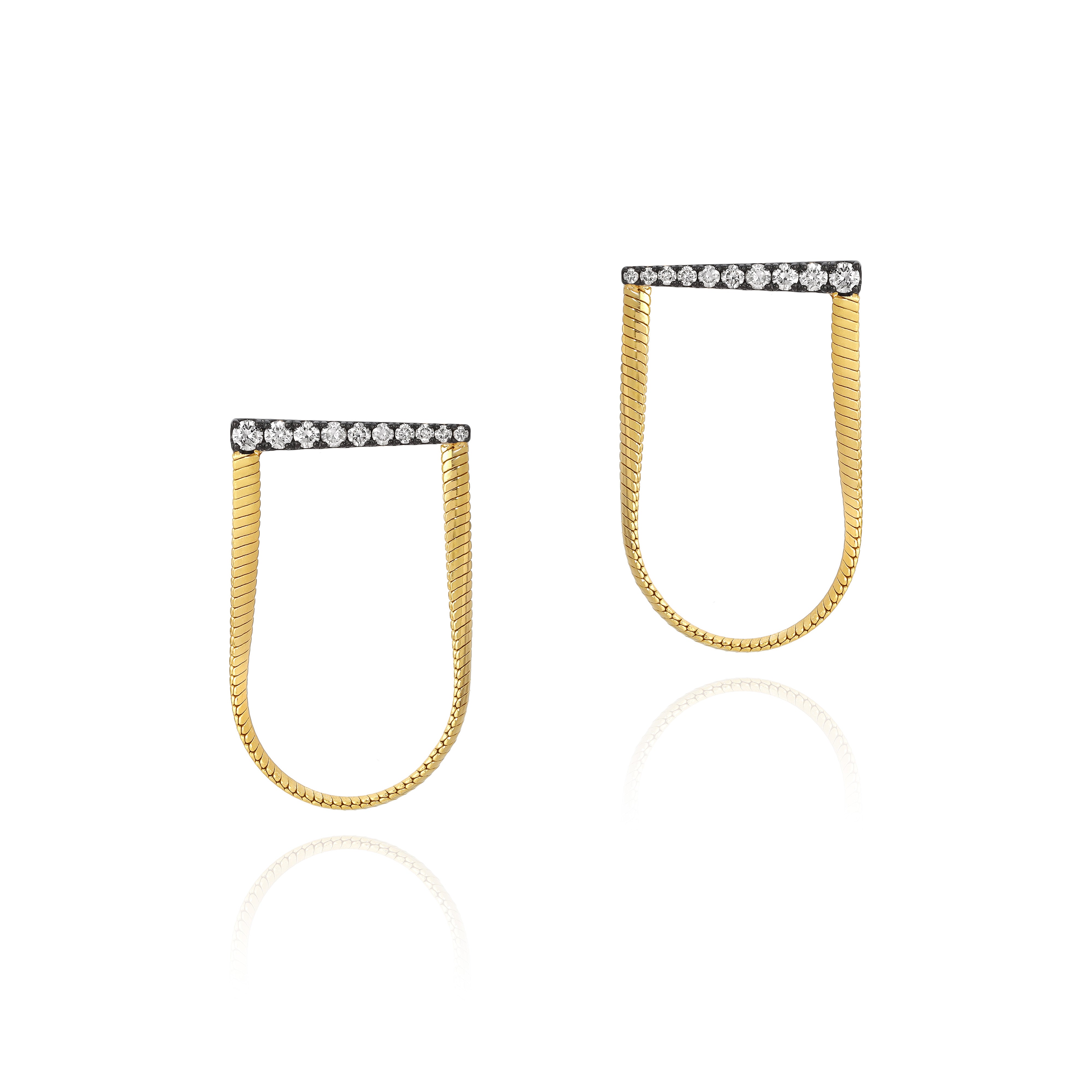 Earrings with Yellow Gold snake chain draped from Rhodium Plated rod of Diamonds, Large