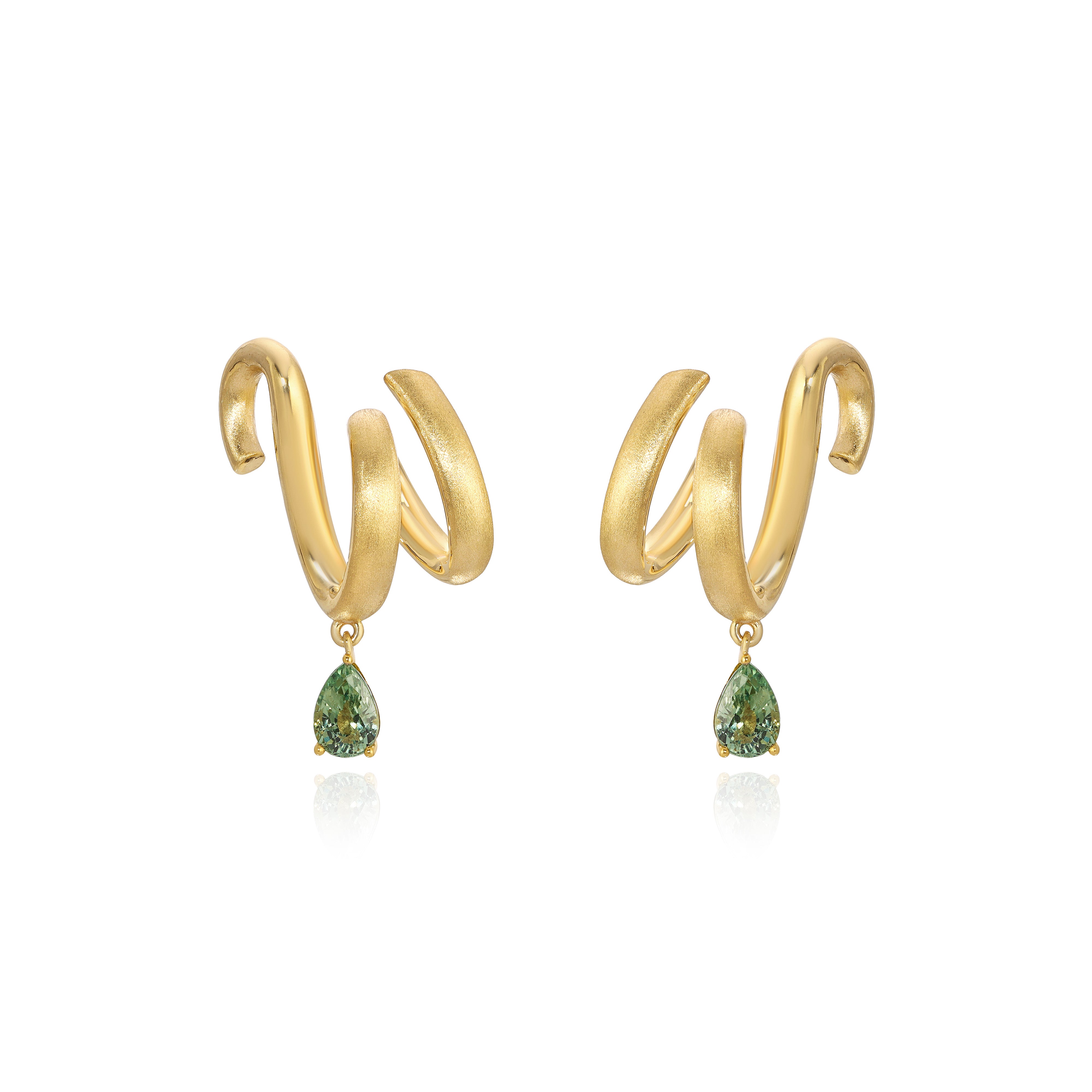 Yellow Gold ribbon shaped Earrings with a pear shaped Green Sapphire, Medium