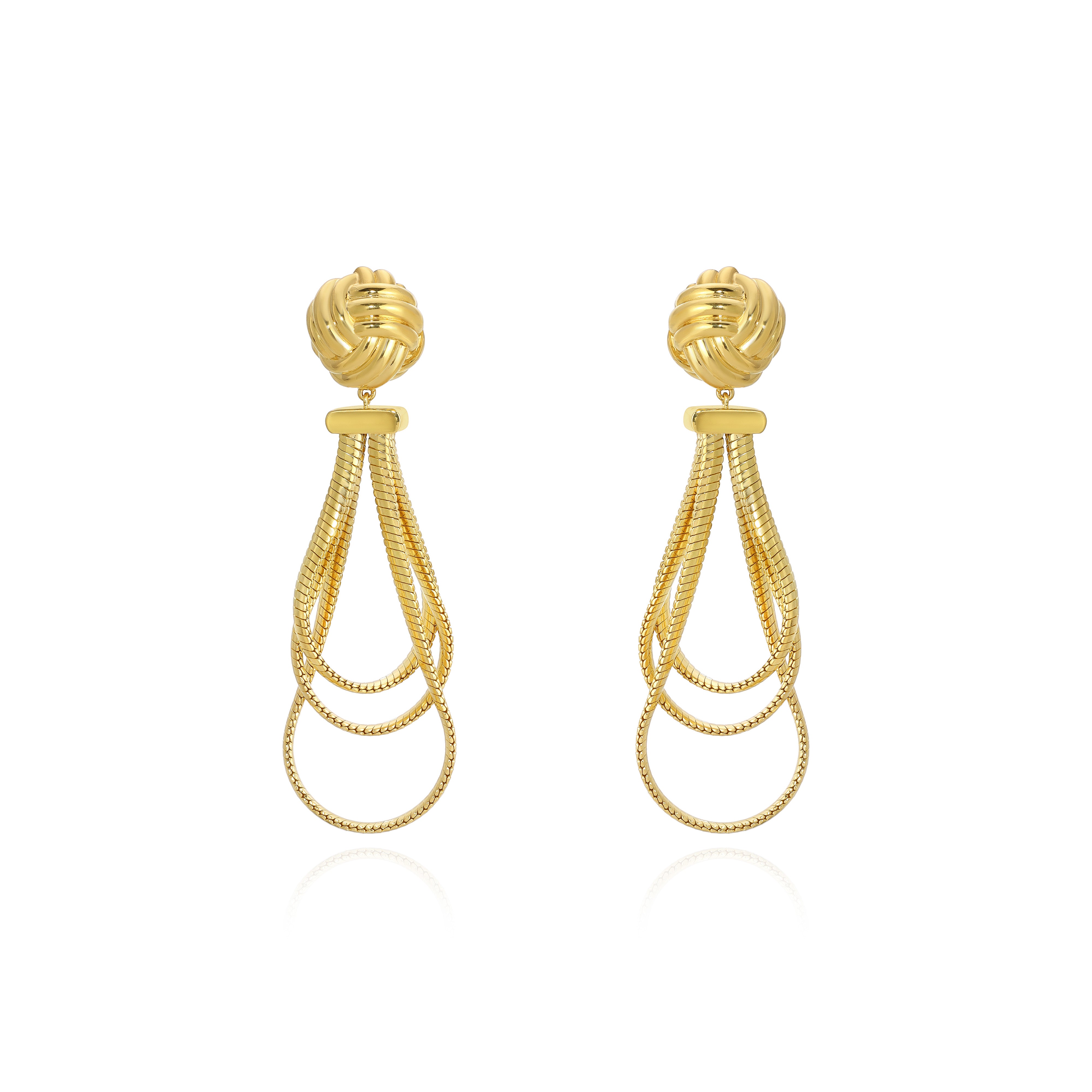 Yellow Gold Earrings with a macrame knot and three draped snake chains, Large