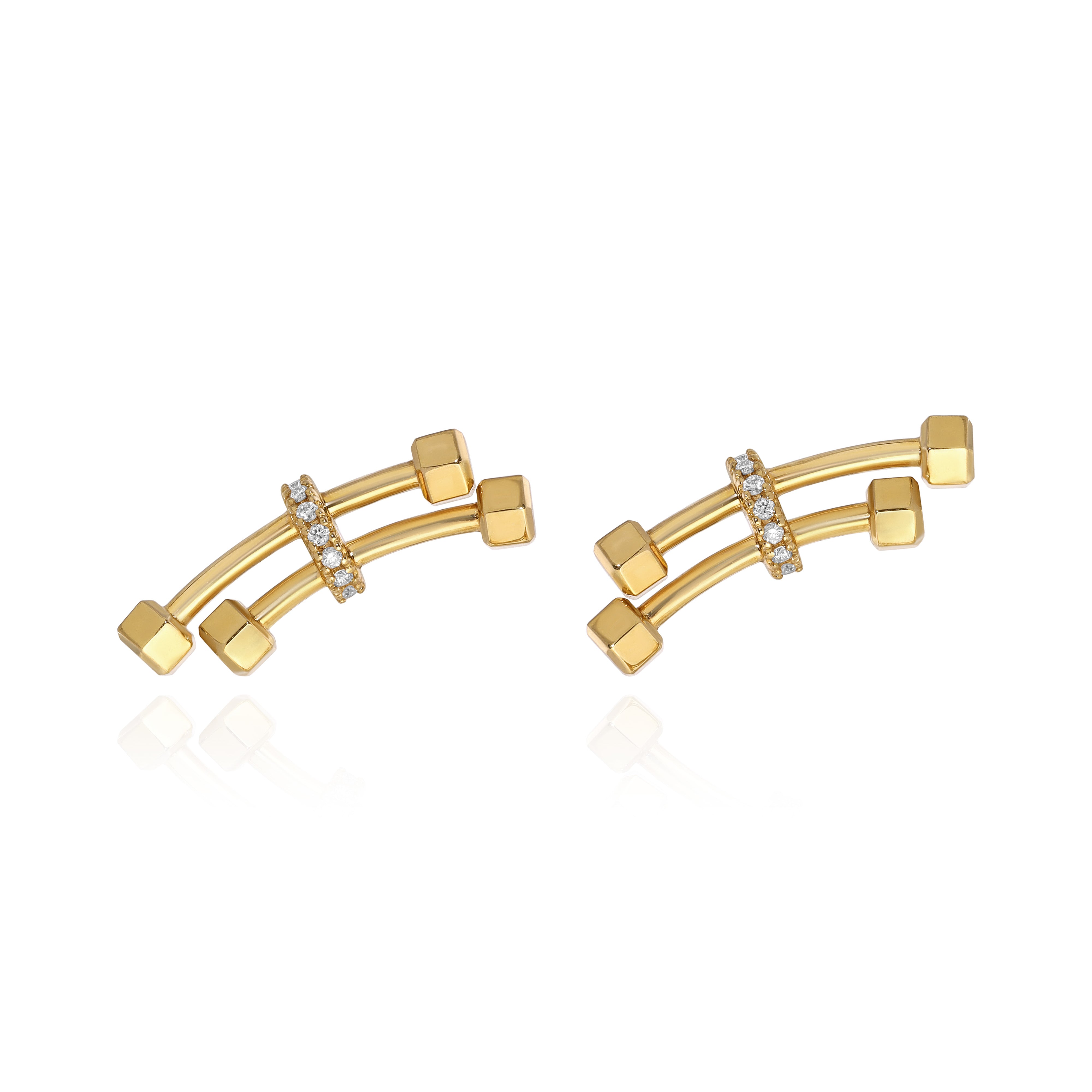 Yellow Gold Earrings with two barbells connected by Diamond encrusted bar, Small