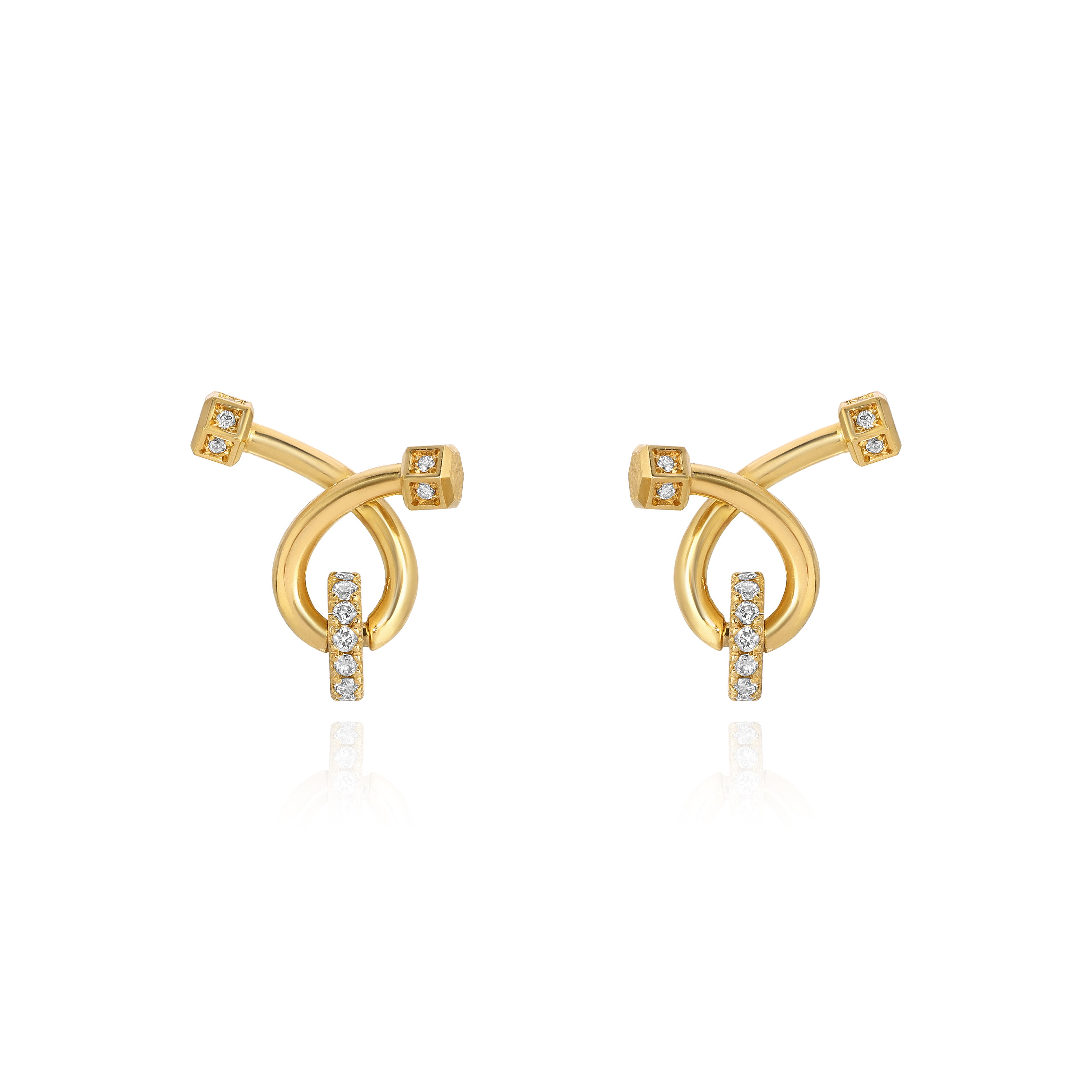 Yellow Gold loop shaped Earrings with Diamond encrusted ends and disc, Small