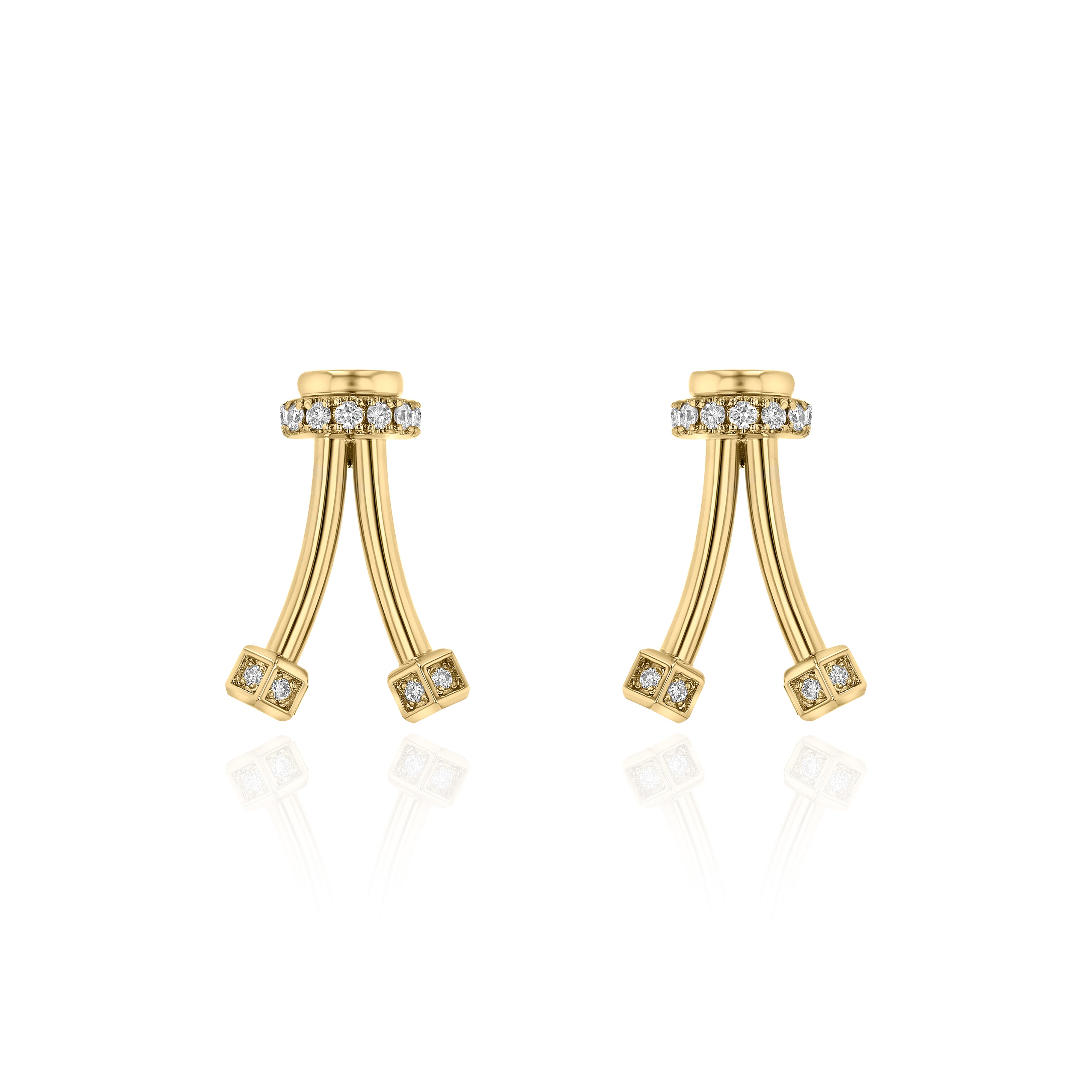 Yellow Gold upside down V shaped Earrings with Diamond encrusted ends, Small