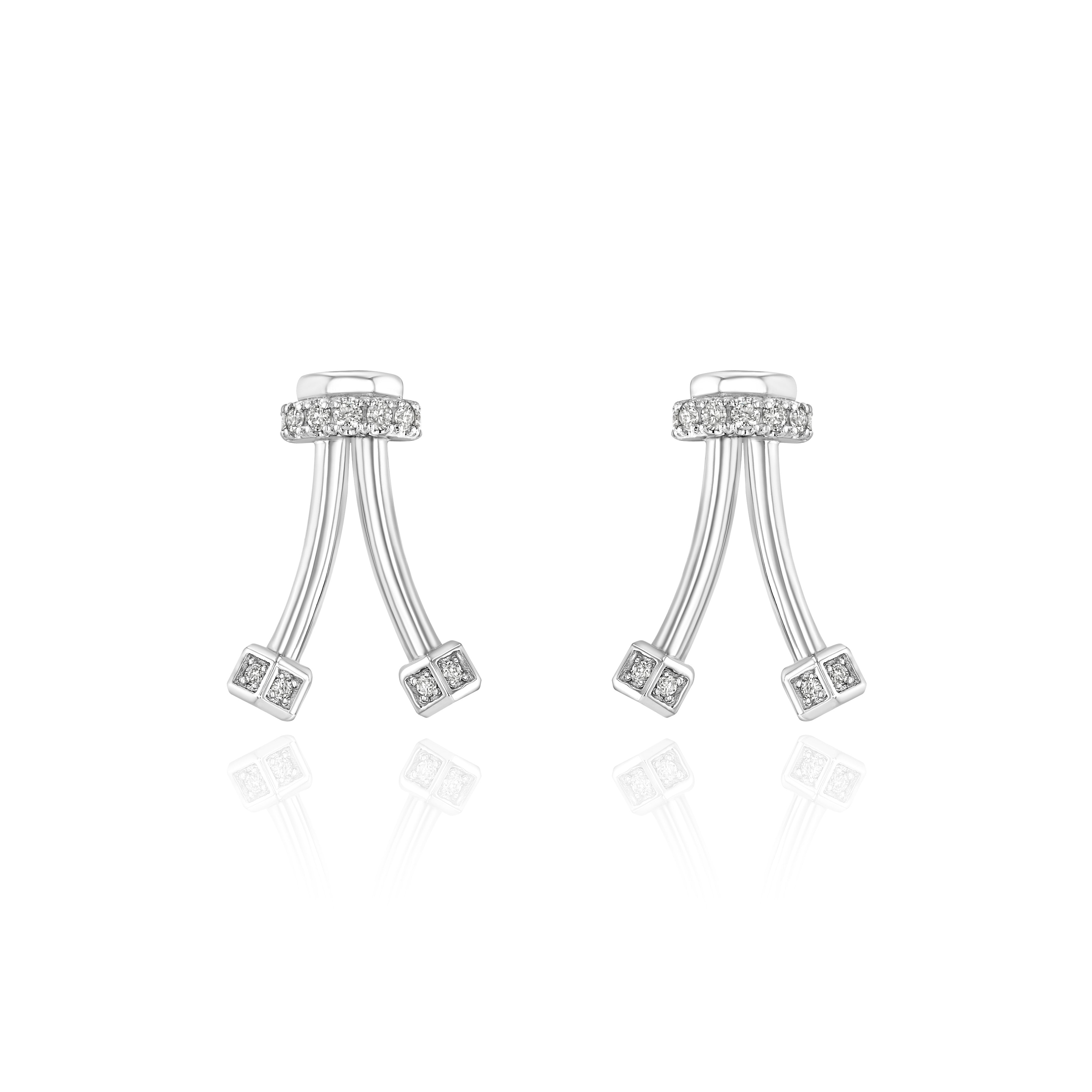 White Gold upside down V shaped Earrings with Diamond encrusted ends, Small
