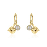 Yellow Gold ribbon shaped earrings with a macrame knot and Diamond encrusted ball, Medium
