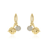 Yellow Gold ribbon shaped earrings with a macrame knot and Diamond encrusted ball, Medium