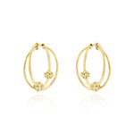 Yellow Gold earrings with two linked hoops, with a macrame knot and a Diamond encrusted ball, Large