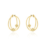 Yellow Gold earrings with two linked hoops, with a macrame knot and a Diamond encrusted ball, Large