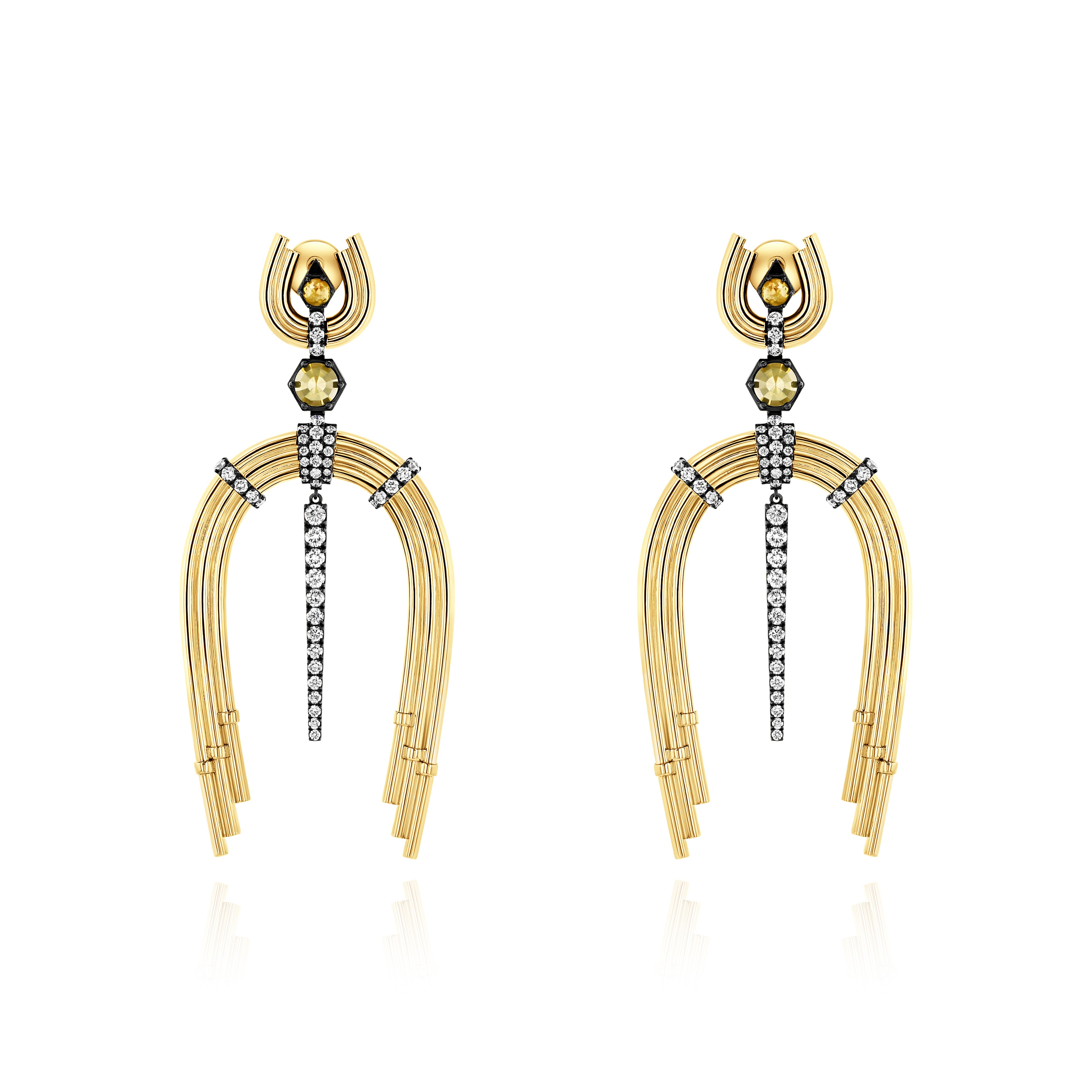 Yellow Gold Earrings with Diamond-lined, Rhodium plated features and horseshoe shapes, Large