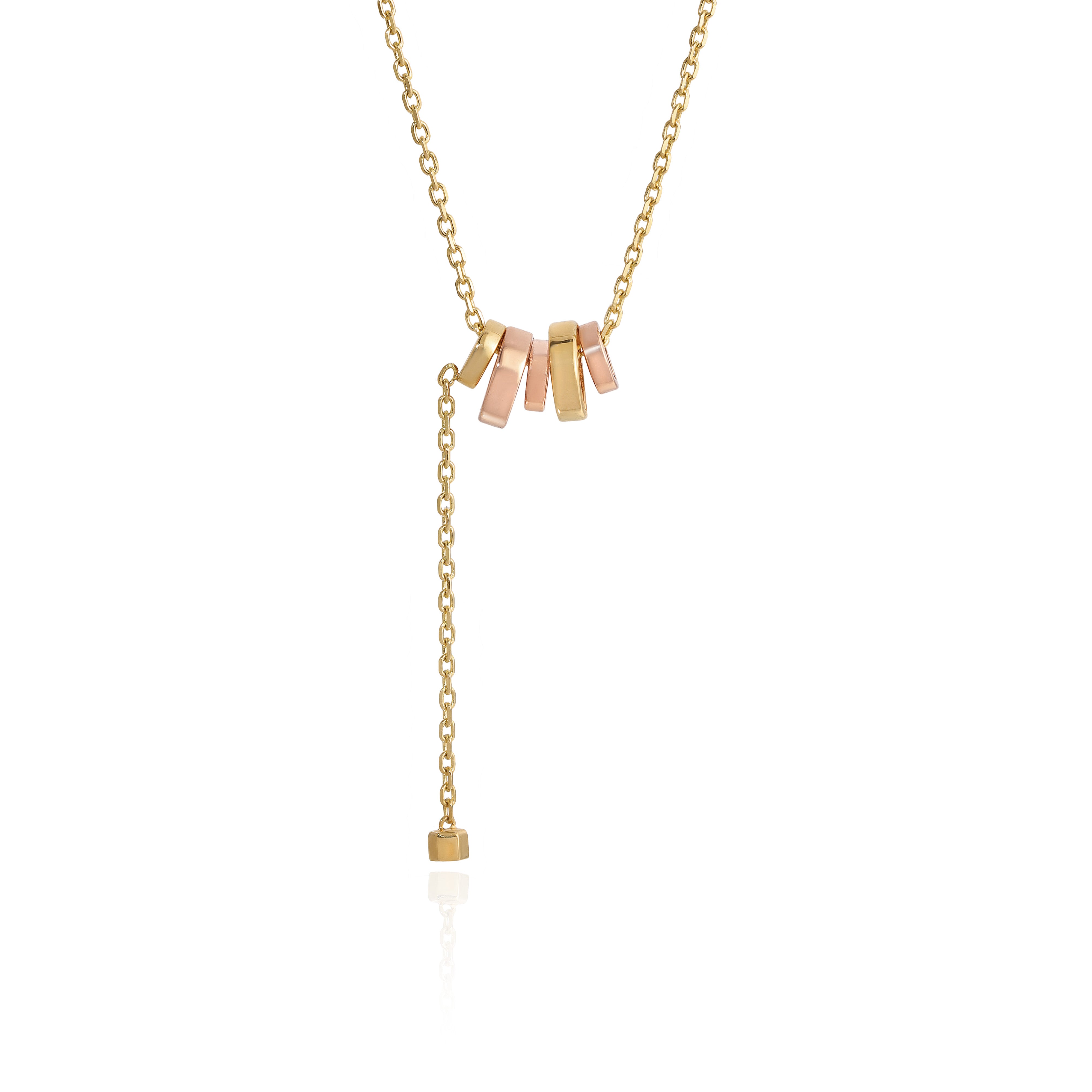 Yellow Gold Necklace with alternating Yellow and Rose Gold discs and hanging chain, Small