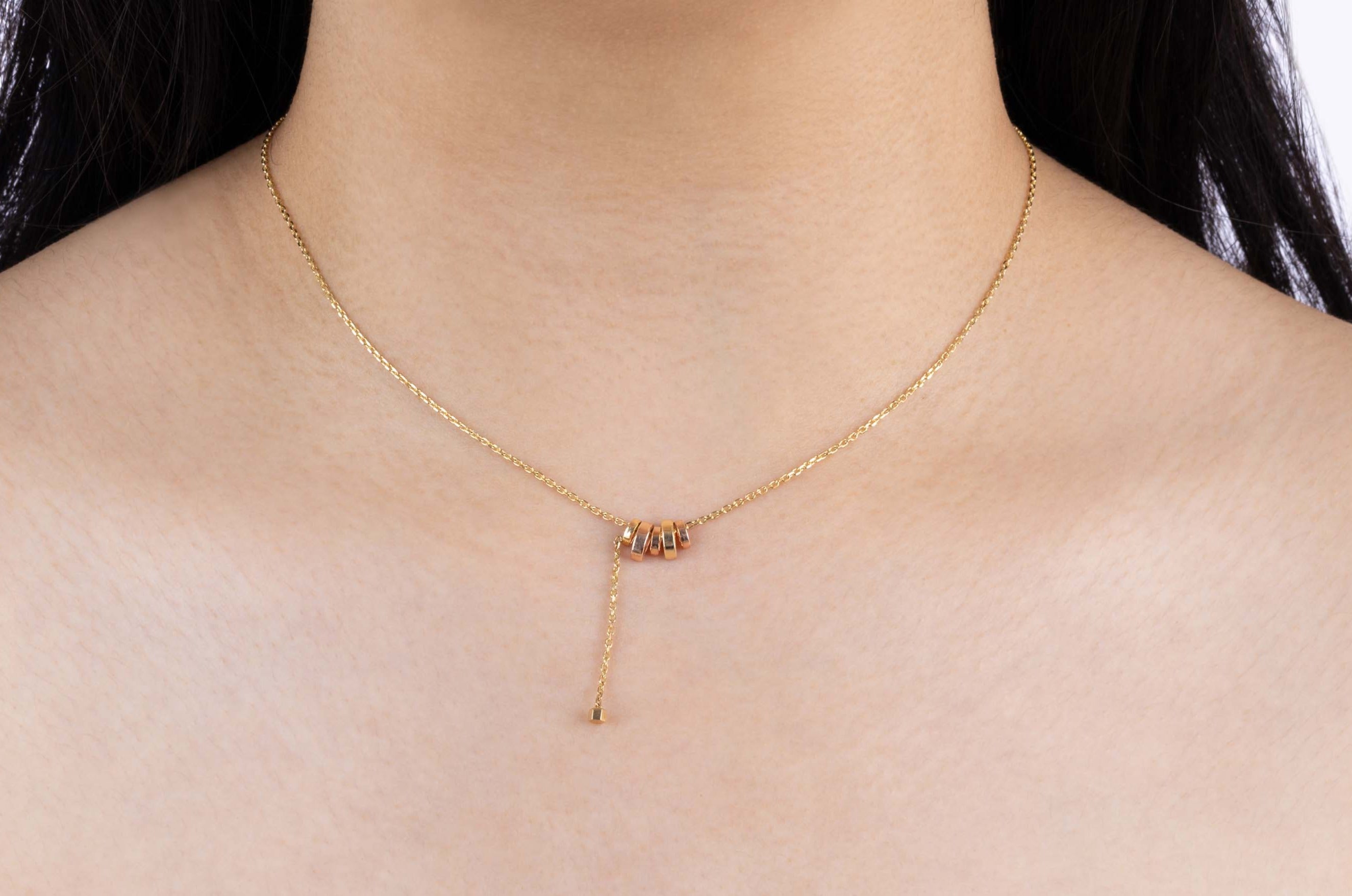 Yellow Gold Necklace with alternating Yellow and Rose Gold discs, hanging chain, Small - Model shot