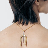 Yellow Gold horseshoe shaped Necklace with Diamond lined, Rhodium Plated accents - Model shot