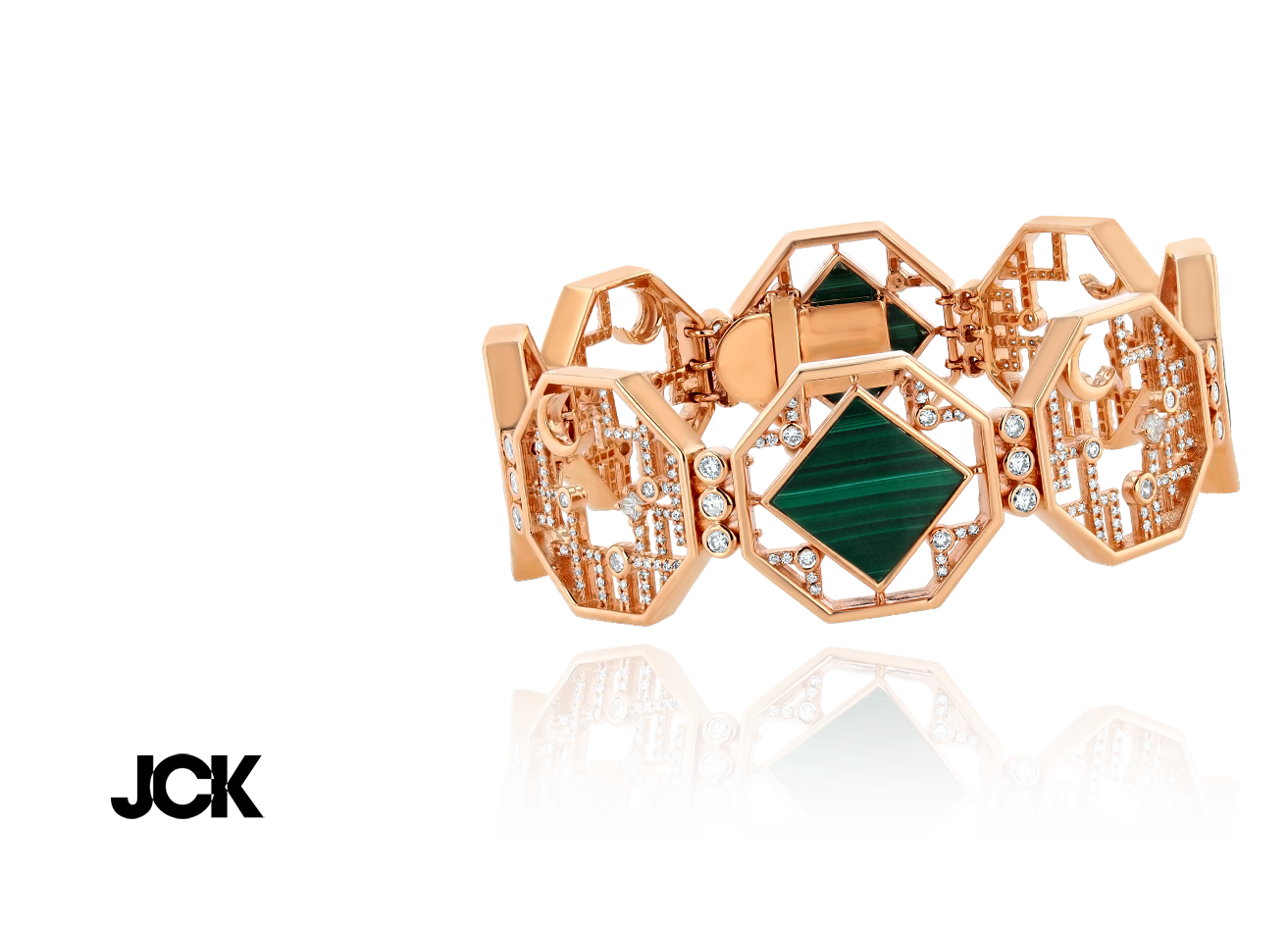 Award winning Rose Gold Grand Castle Bracelet with Diamonds and Malachite, alongside JCK logo