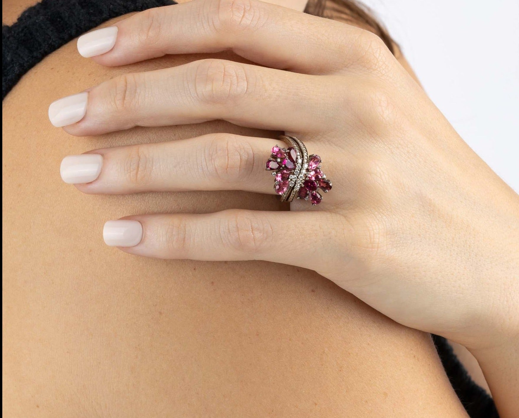 Rhodium Plated Gold dual Ring with Pink Tourmaline, Medium - Model shot 