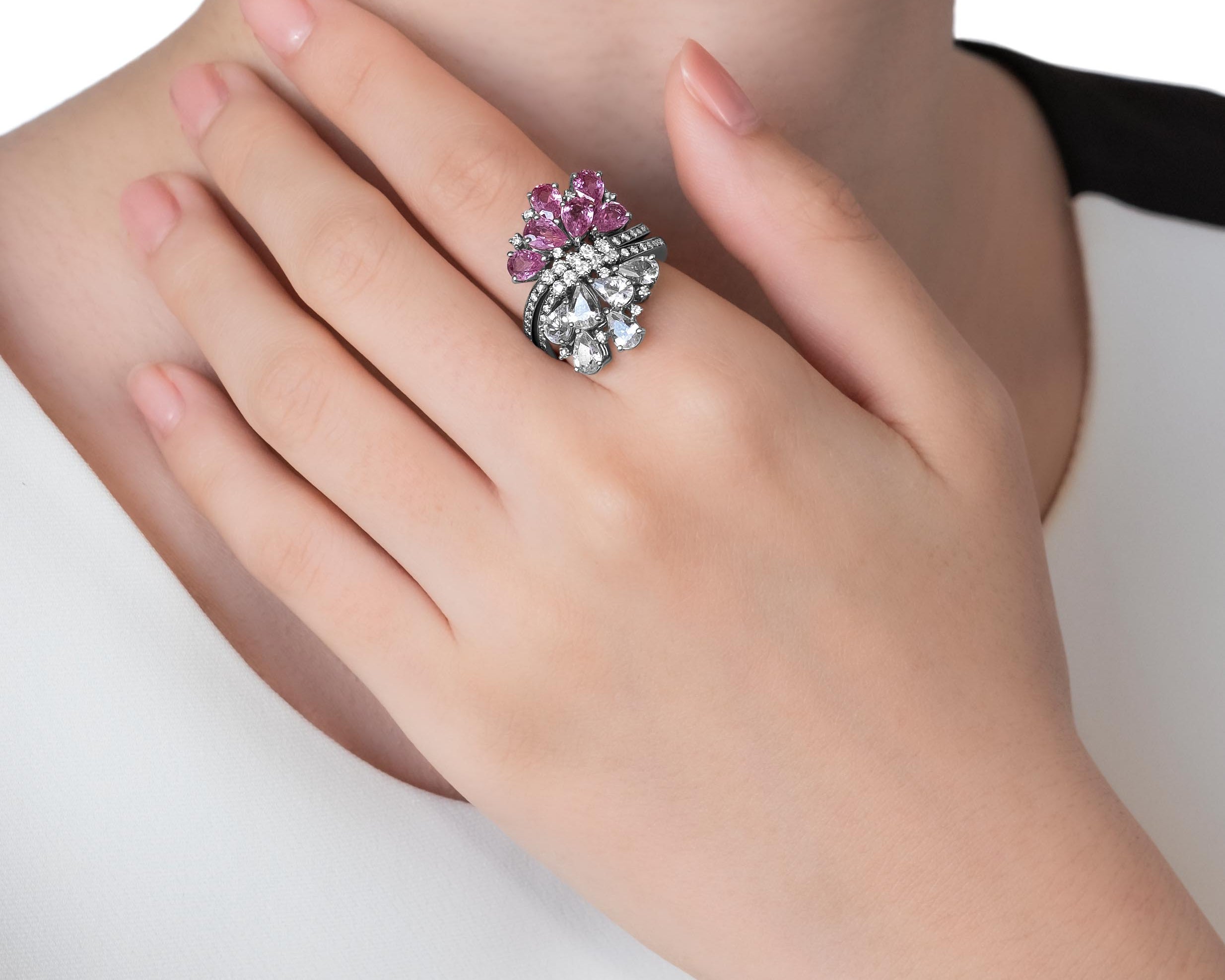 Rhodium Plated Gold and Diamond dual Ring - half Pink Sapphire, half White Sapphire - Model shot
