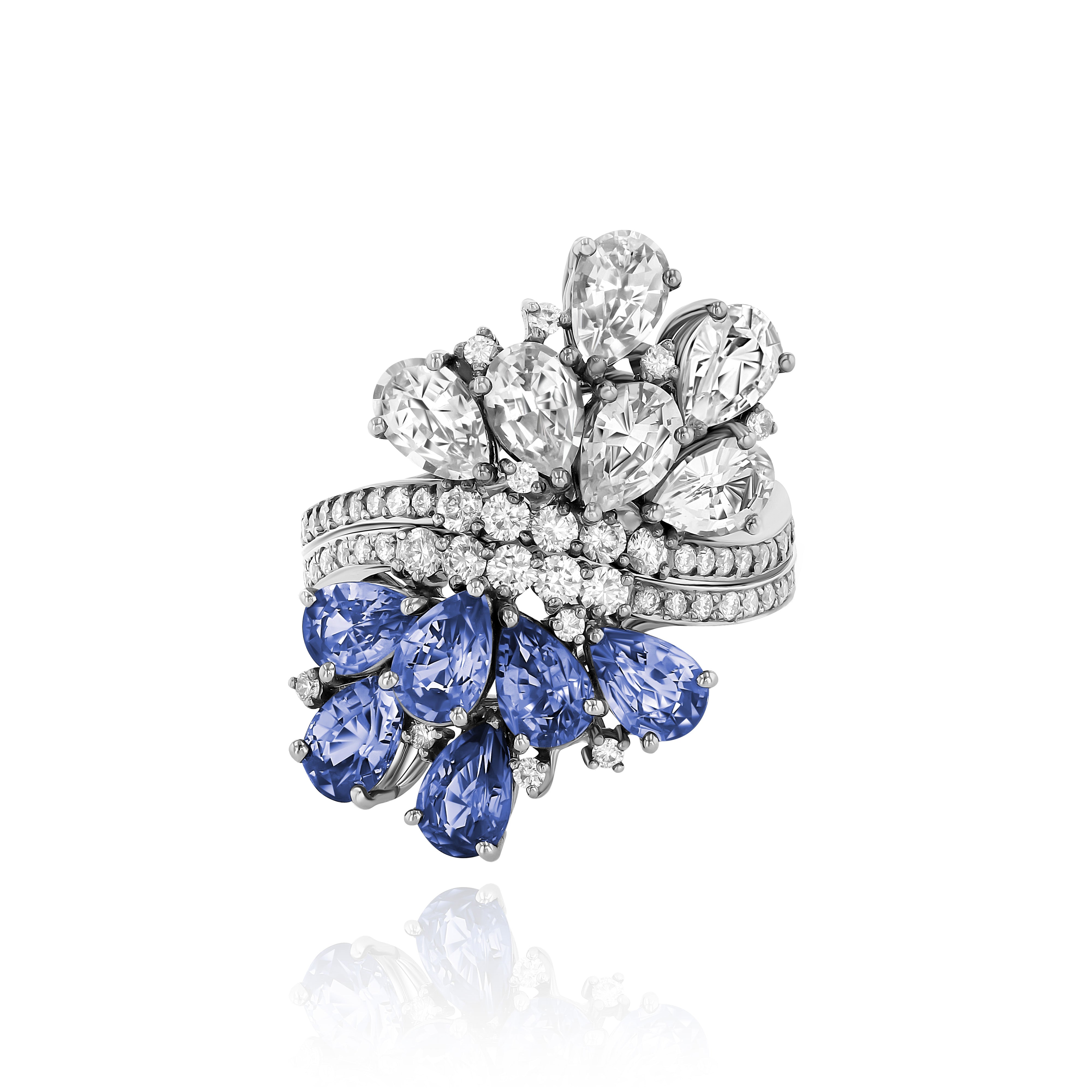 Rhodium Plated Gold and Diamond dual Ring - half Blue Sapphire, half White Sapphire, Large