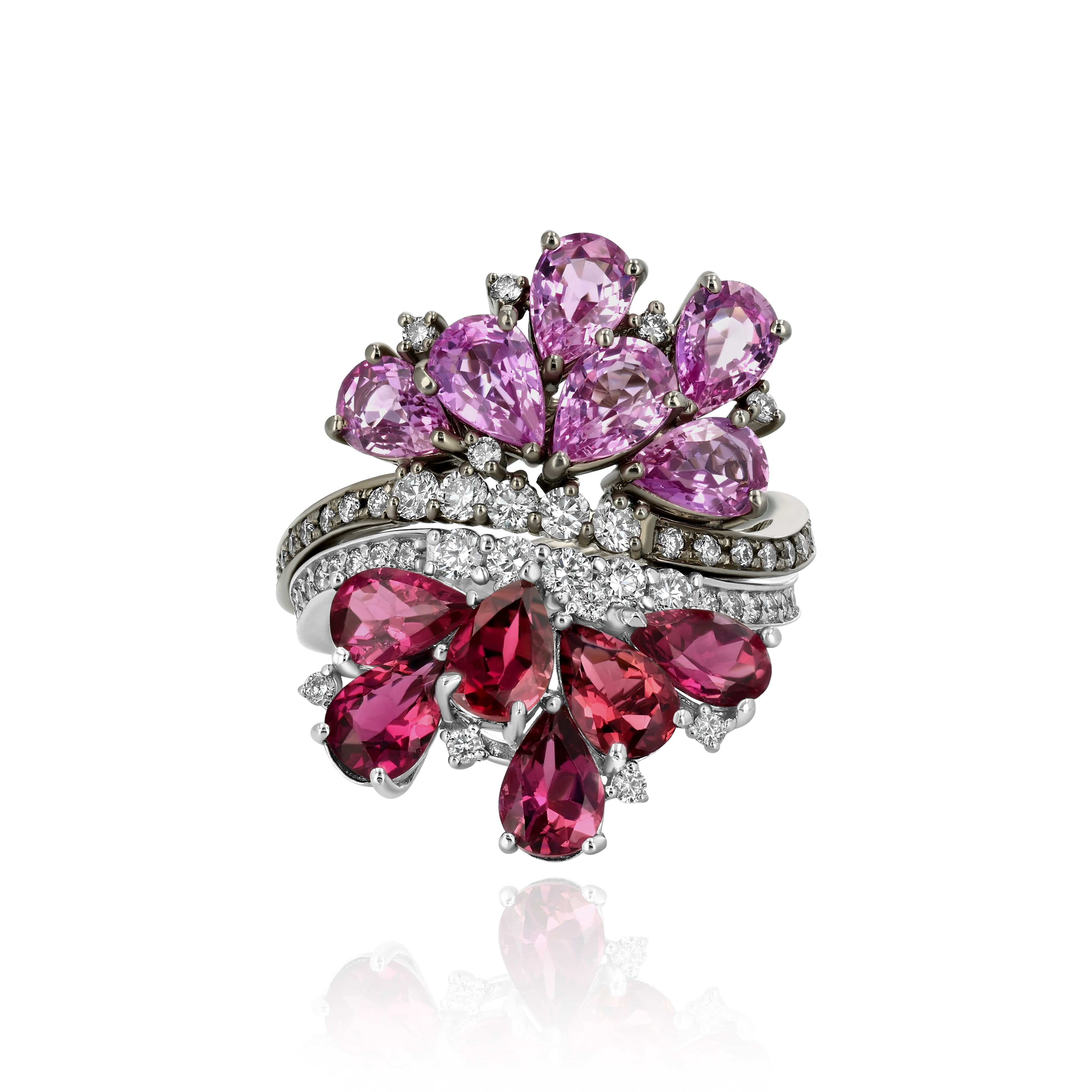 Diamond dual Ring - half Rhodium Plated Gold and Pink Sapphire, half White Gold and Rubellite, Large