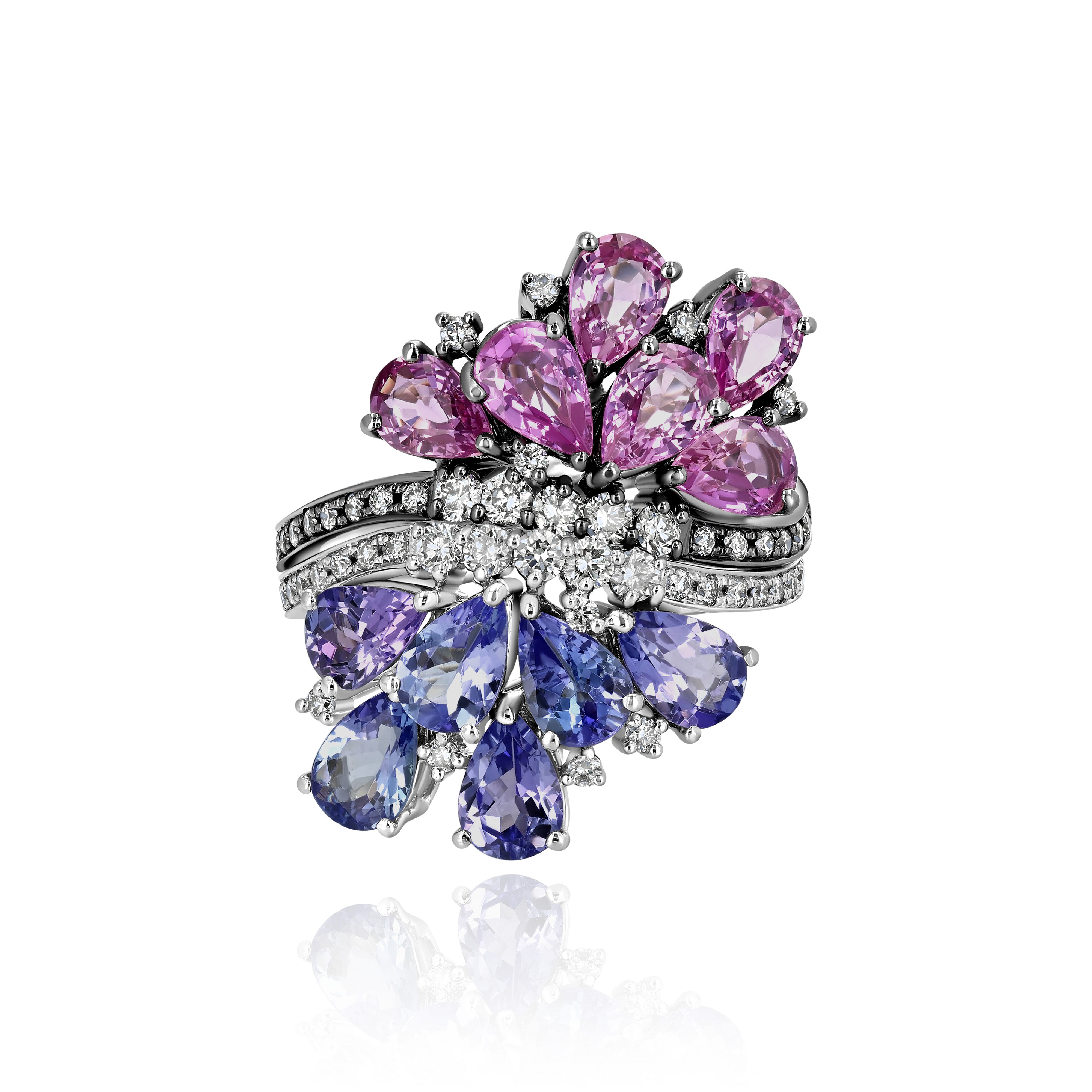 Diamond dual Ring - half Rhodium Plated Gold and Pink Sapphire, half White Gold and Tanzanite, Large